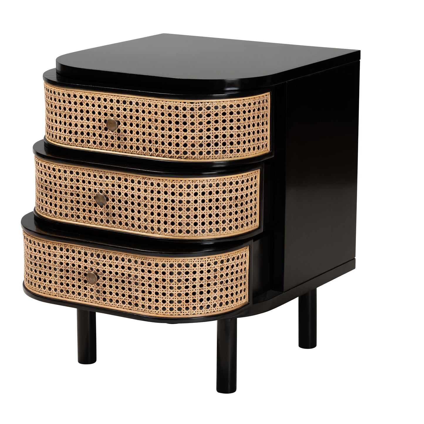 Baxton Studio bali & pari Nabila Modern Bohemian Black Bayur Wood and Natural Rattan 3-Drawer End Table Nightstand | Nightstands | Modishstore - 3