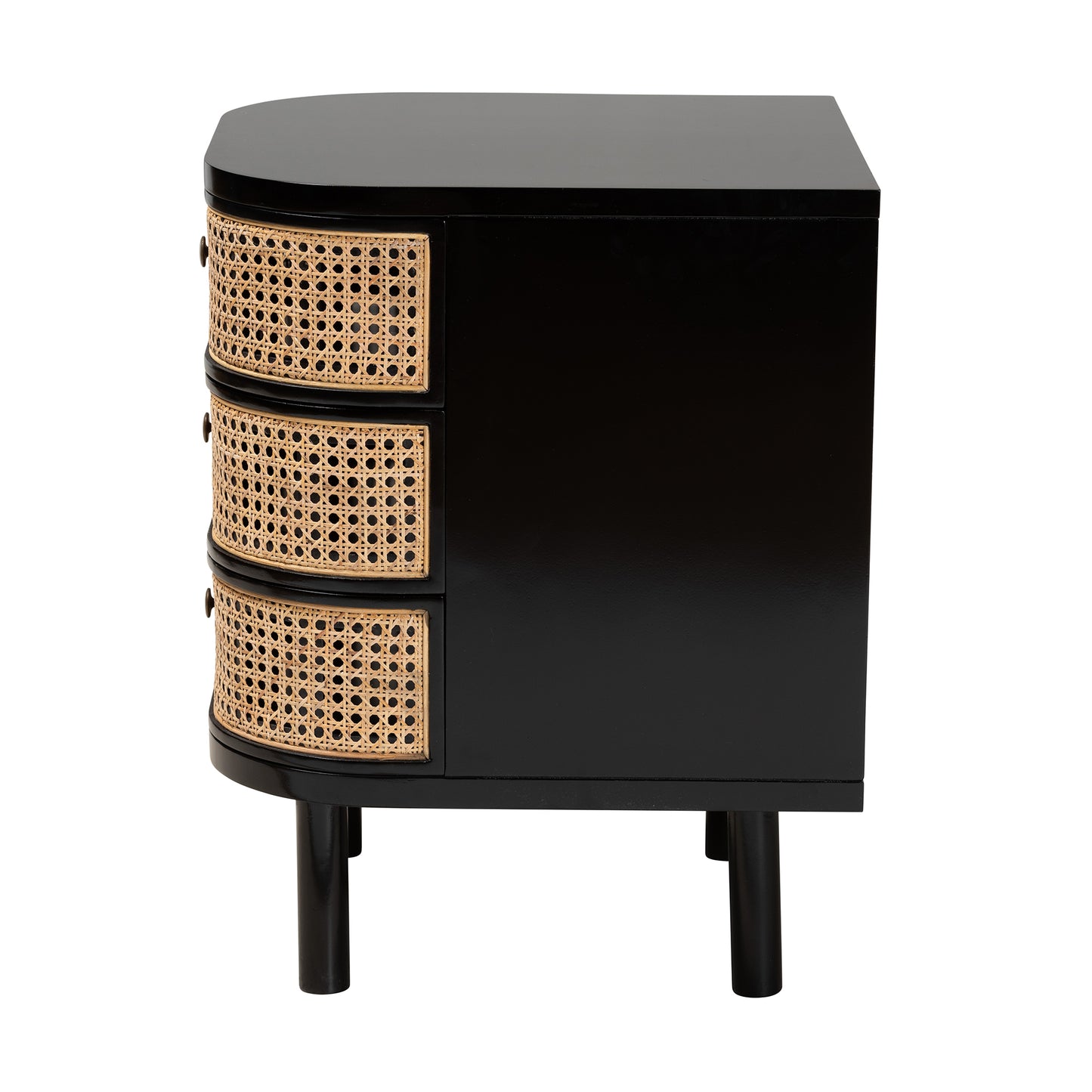 Baxton Studio bali & pari Nabila Modern Bohemian Black Bayur Wood and Natural Rattan 3-Drawer End Table Nightstand | Nightstands | Modishstore - 5