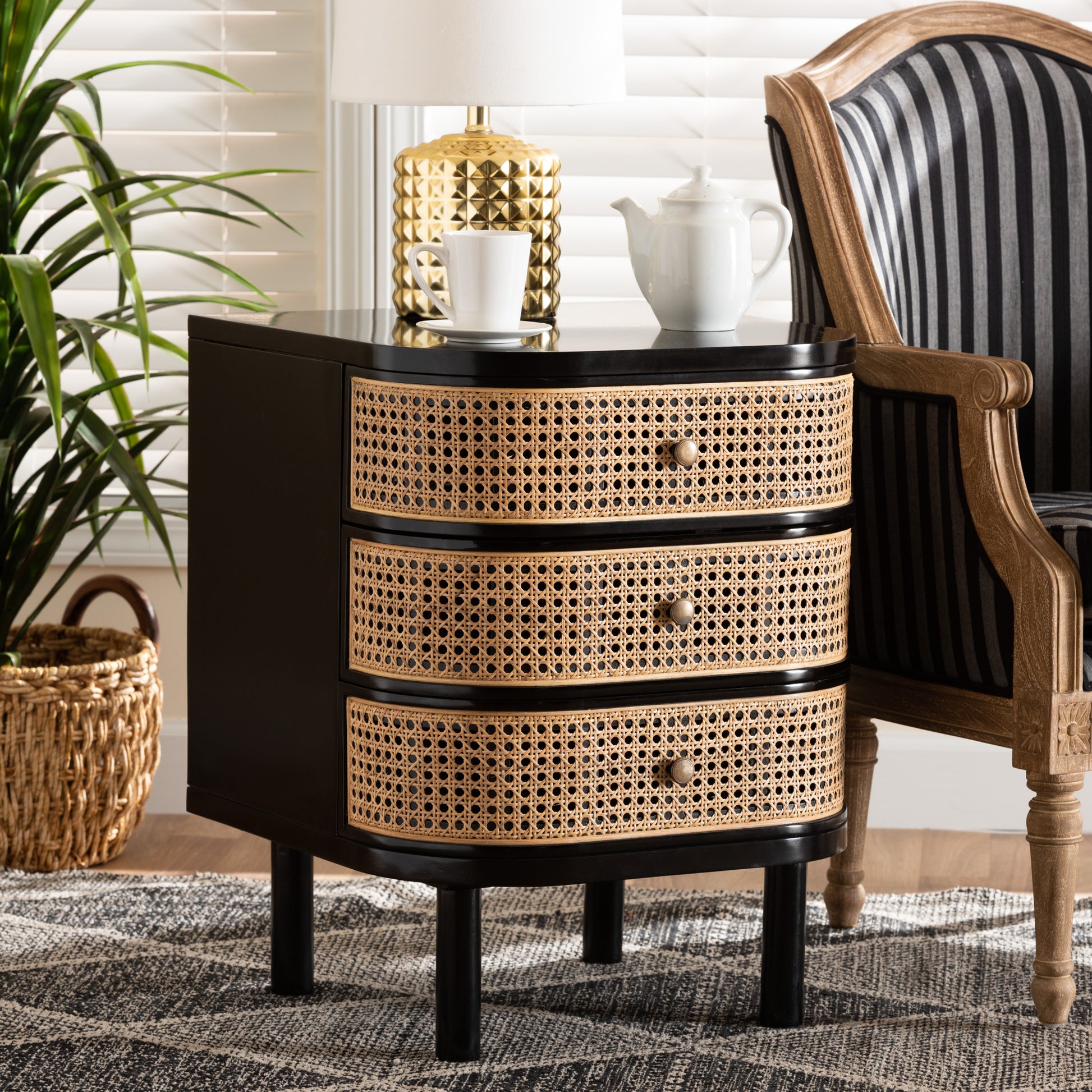 Baxton Studio bali & pari Nabila Modern Bohemian Black Bayur Wood and Natural Rattan 3-Drawer End Table Nightstand | Nightstands | Modishstore