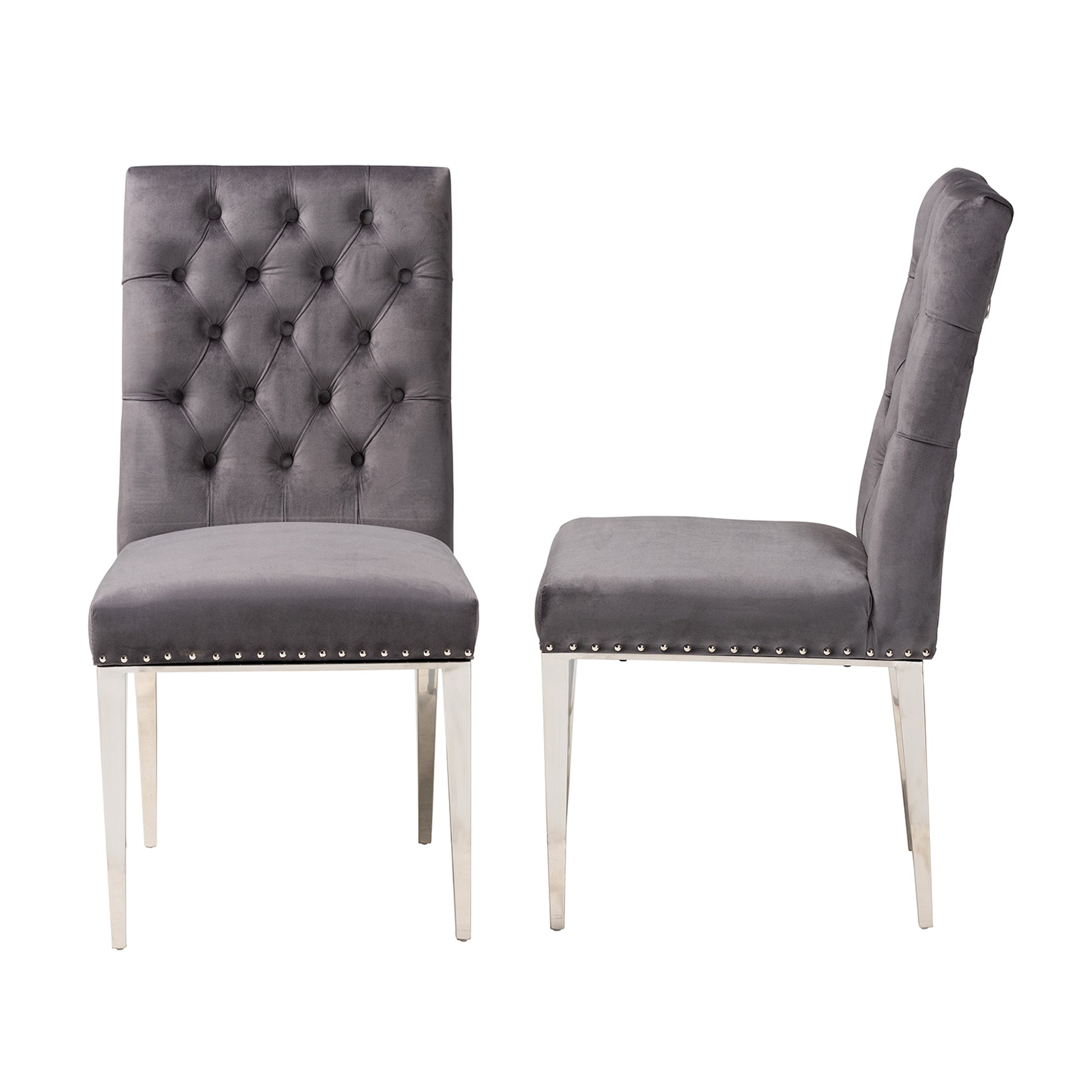 Baxton Studio Caspera Contemporary Glam and Luxe Grey Velvet Fabric and Silver Metal 2-Piece Dining Chair Set | Dining Chairs | Modishstore - 4