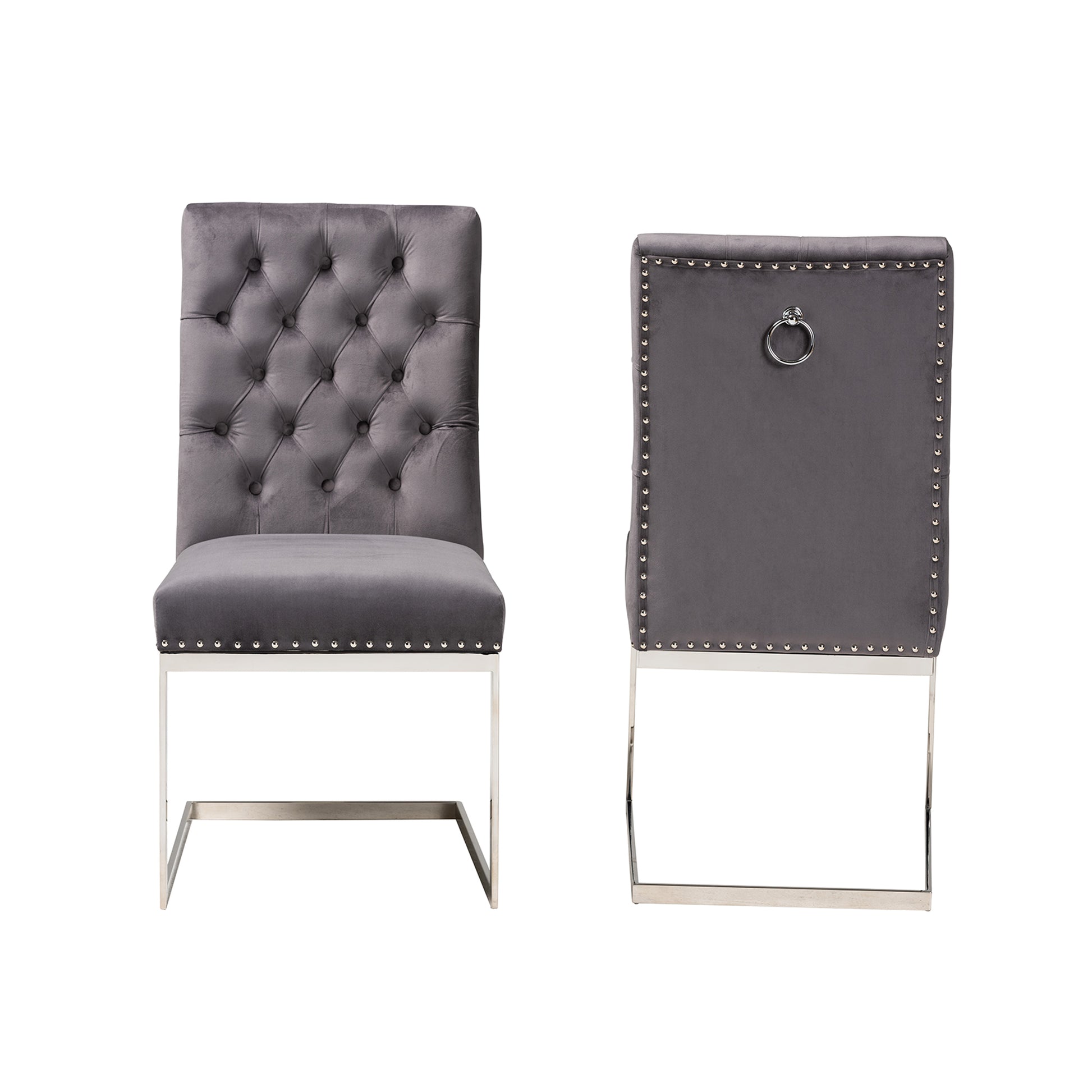 Baxton Studio Sherine Contemporary Glam and Luxe Grey Velvet Fabric and Silver Metal 2-Piece Dining Chair Set | Dining Chairs | Modishstore - 3