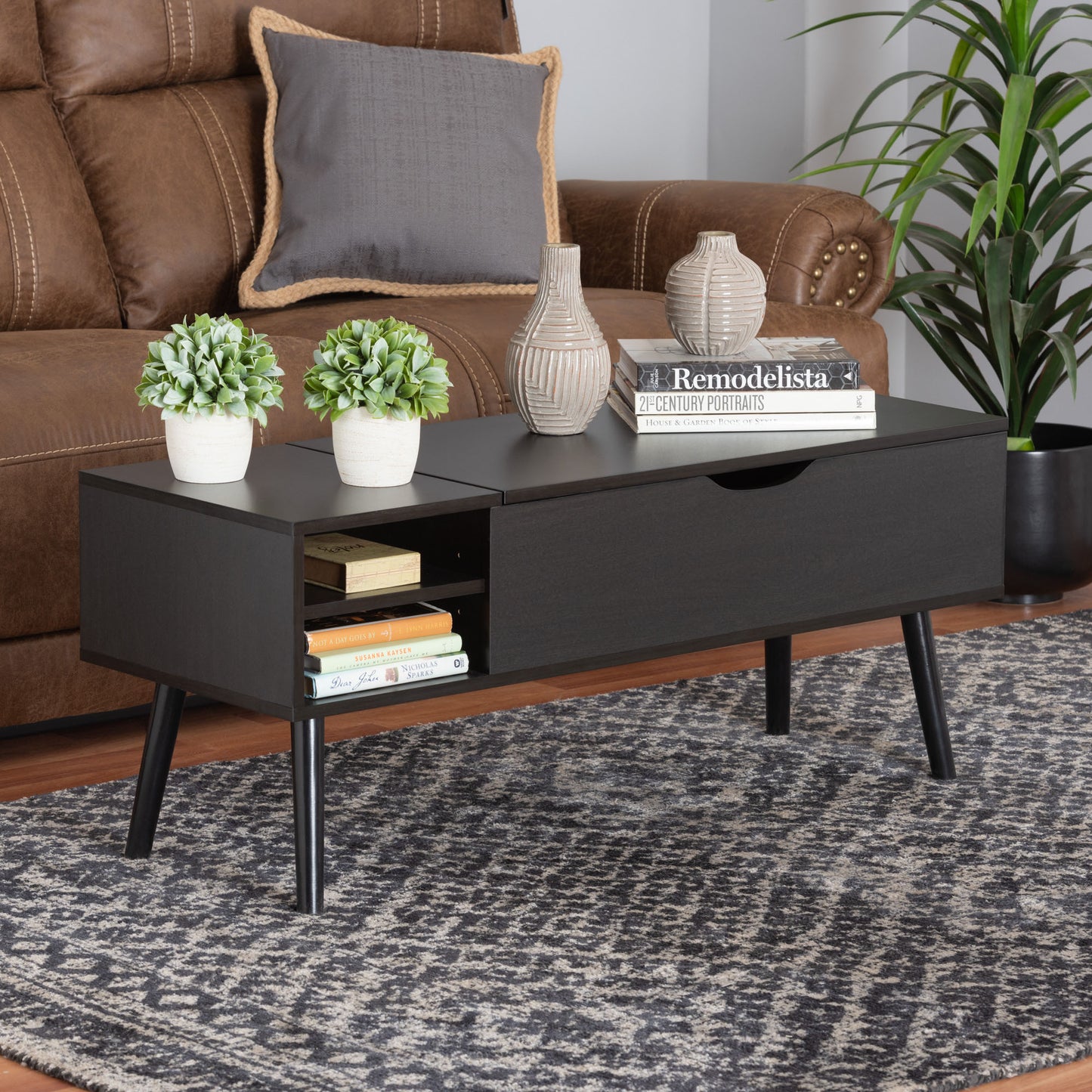 Baxton Studio Roden Modern Two-Tone Black and Espresso Brown Finished Wood Coffee Table with Lift-Top Storage Compartment | Coffee Tables | Modishstore