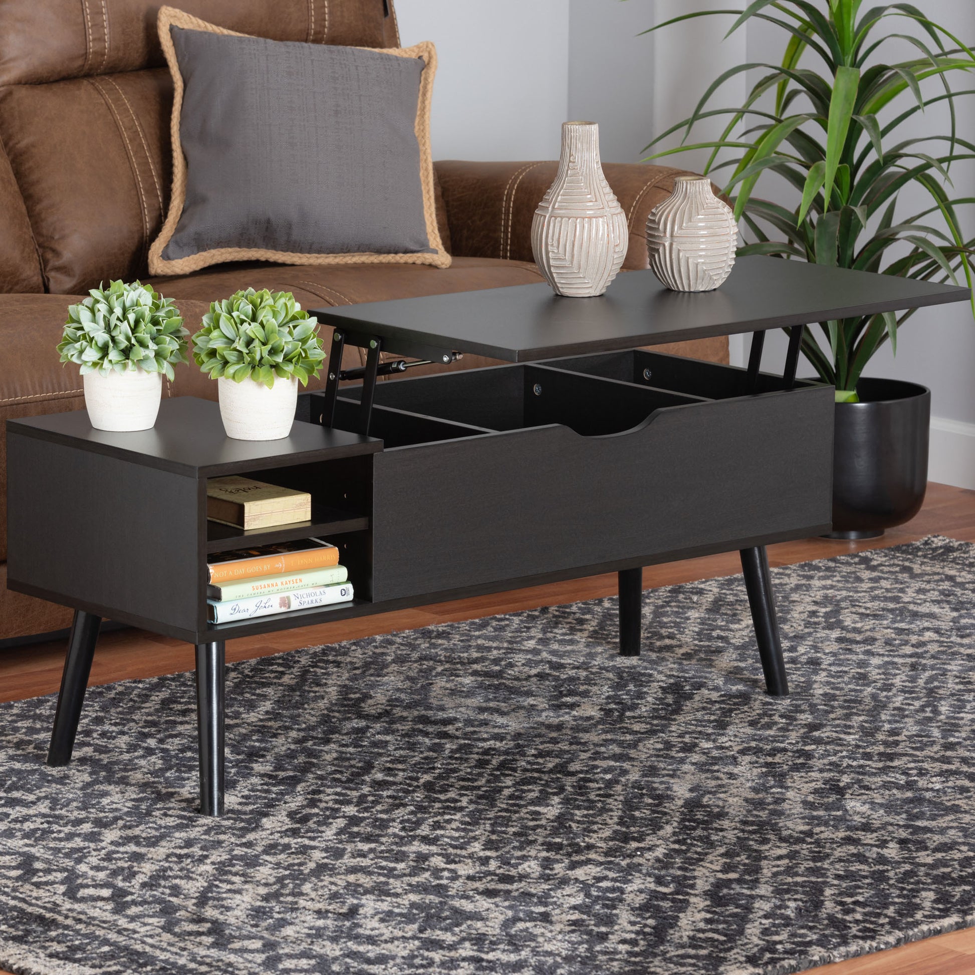 Baxton Studio Roden Modern Two-Tone Black and Espresso Brown Finished Wood Coffee Table with Lift-Top Storage Compartment | Coffee Tables | Modishstore - 9