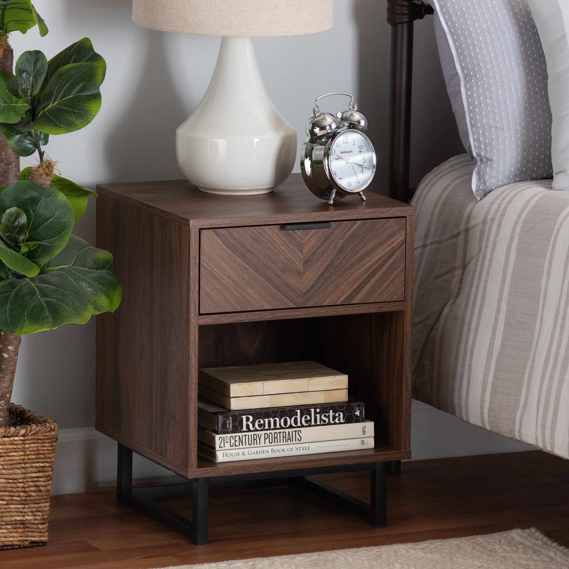 Baxton Studio Sadia Modern Walnut Brown Finished Wood and Black Metal 1-Drawer End Table | End Tables | Modishstore