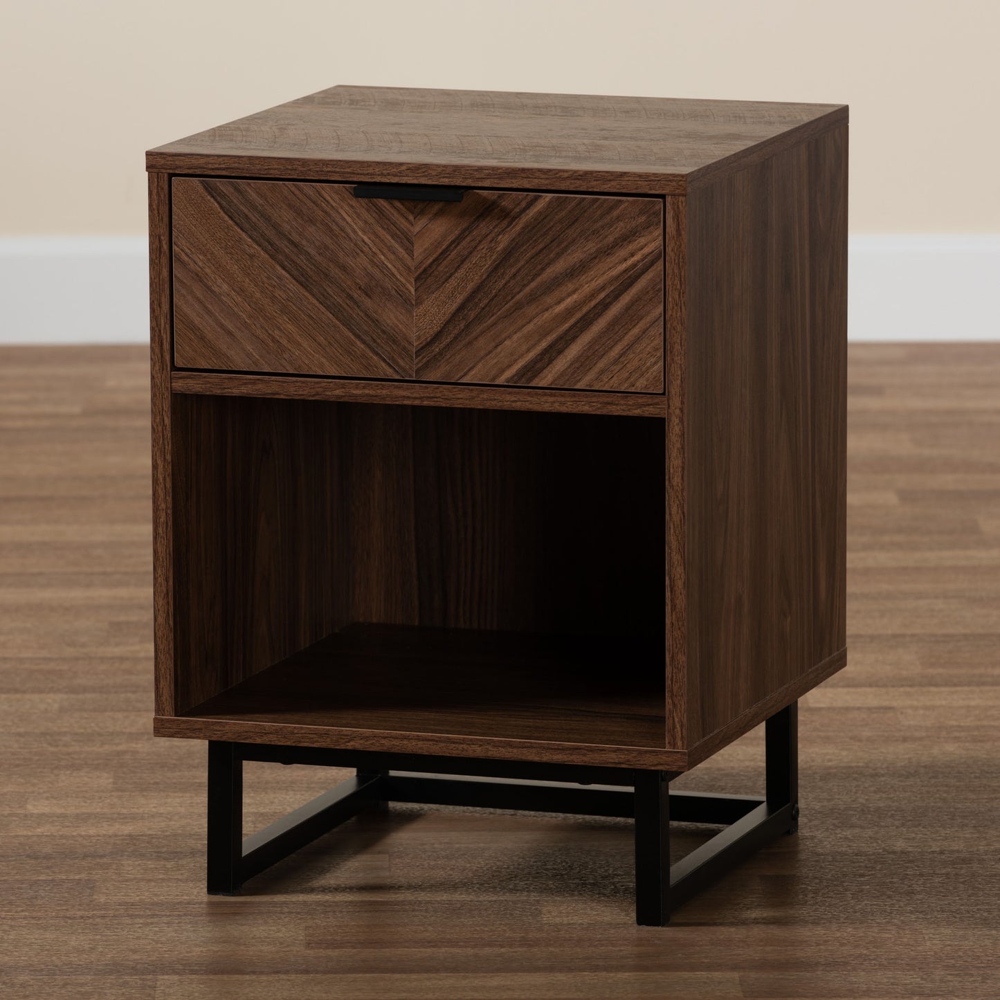 Baxton Studio Sadia Modern Walnut Brown Finished Wood and Black Metal 1-Drawer End Table | End Tables | Modishstore - 9