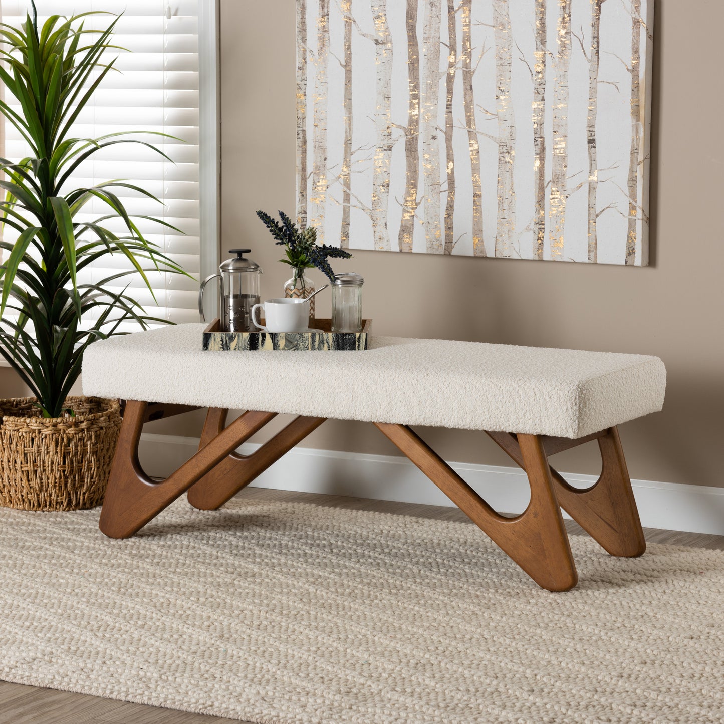 Baxton Studio Rika Japandi Cream Boucle Fabric and Walnut Brown Finished Wood Bench | Benches | Modishstore