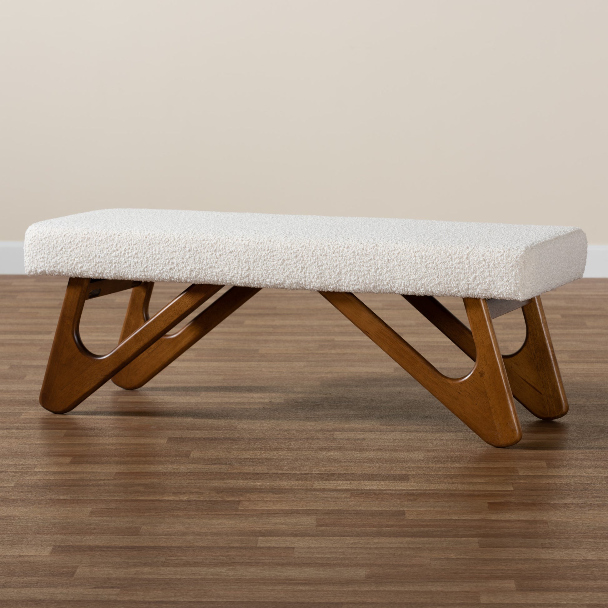 Baxton Studio Rika Japandi Cream Boucle Fabric and Walnut Brown Finished Wood Bench | Benches | Modishstore - 7