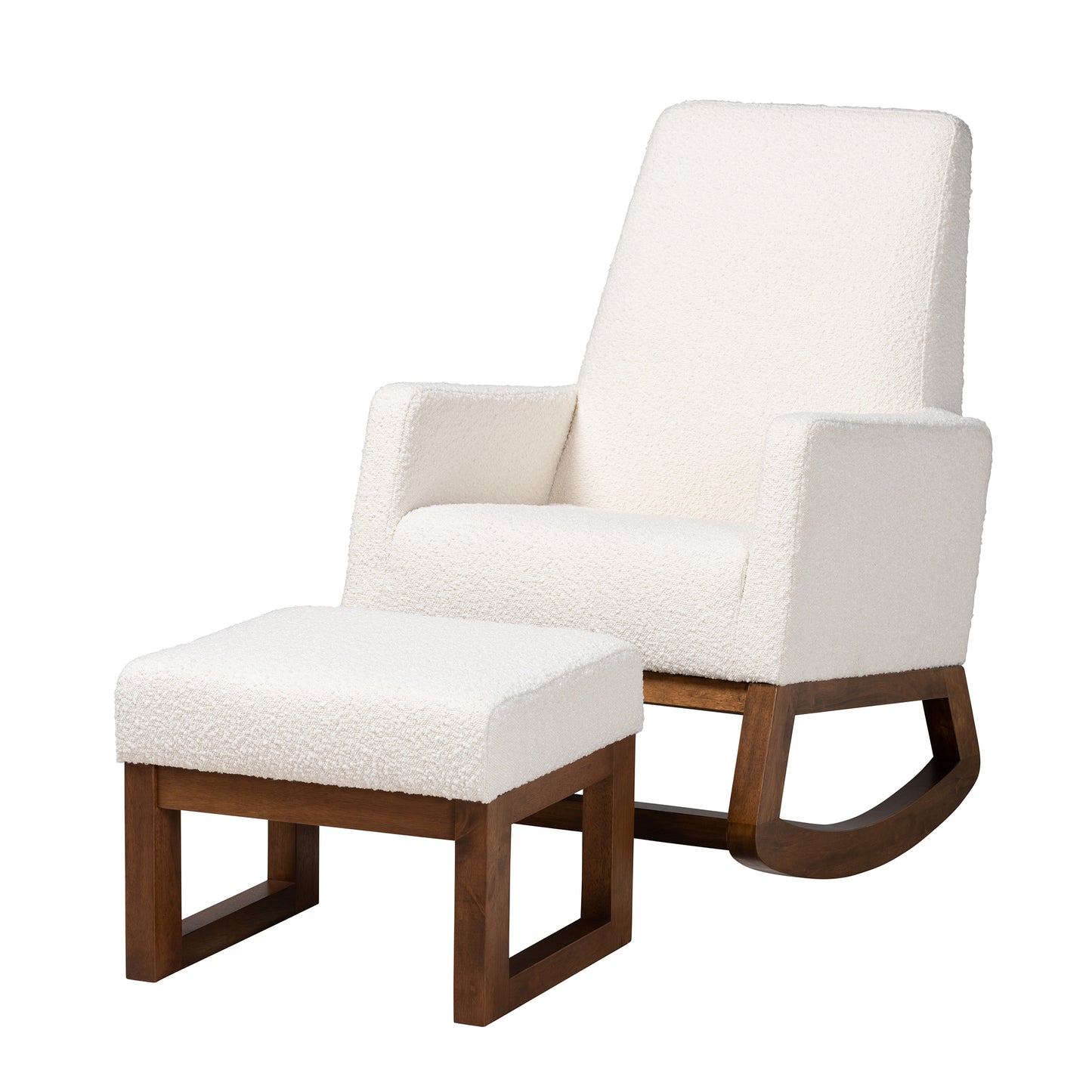 Baxton Studio Yashiya Mid-Century Modern Off-White Boucle Upholstered and Walnut Brown Finished Wood 2-Piece Rocking Chair and Ottoman Set | Rocking Chairs | Modishstore - 4