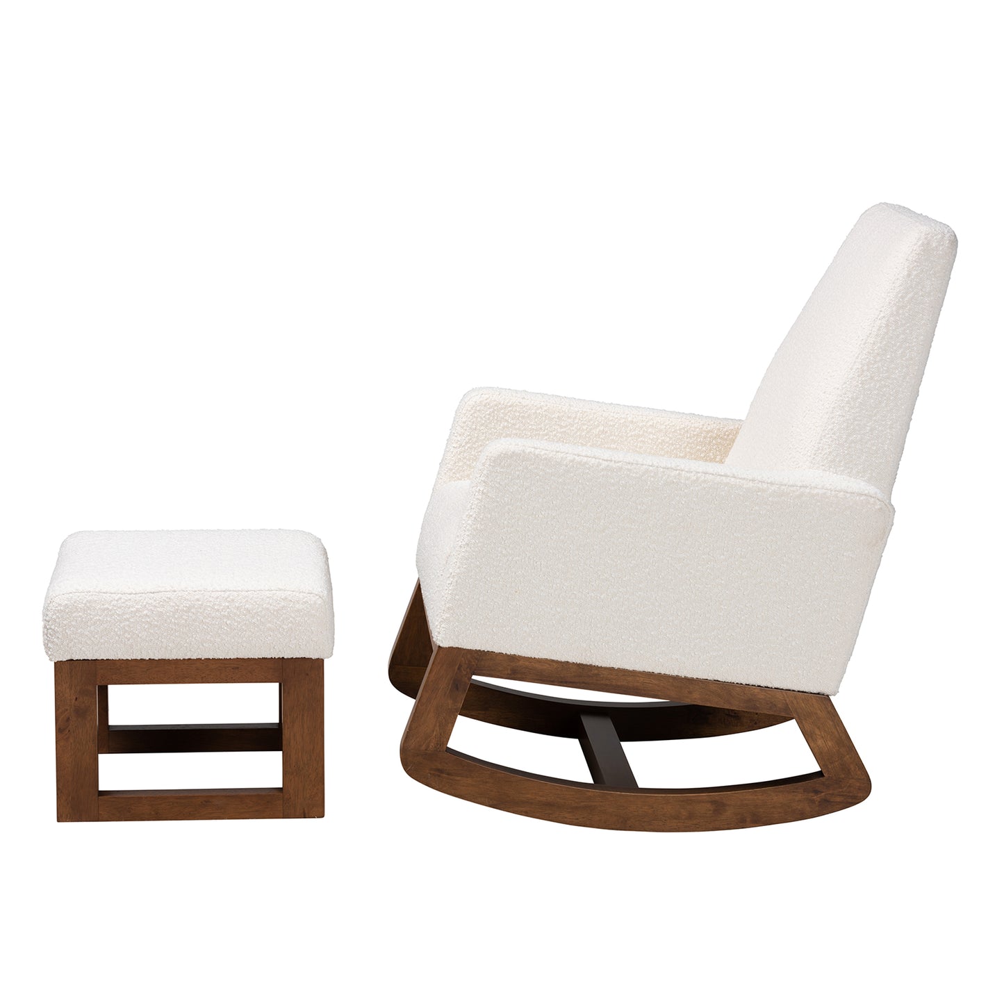 Baxton Studio Yashiya Mid-Century Modern Off-White Boucle Upholstered and Walnut Brown Finished Wood 2-Piece Rocking Chair and Ottoman Set | Rocking Chairs | Modishstore - 6