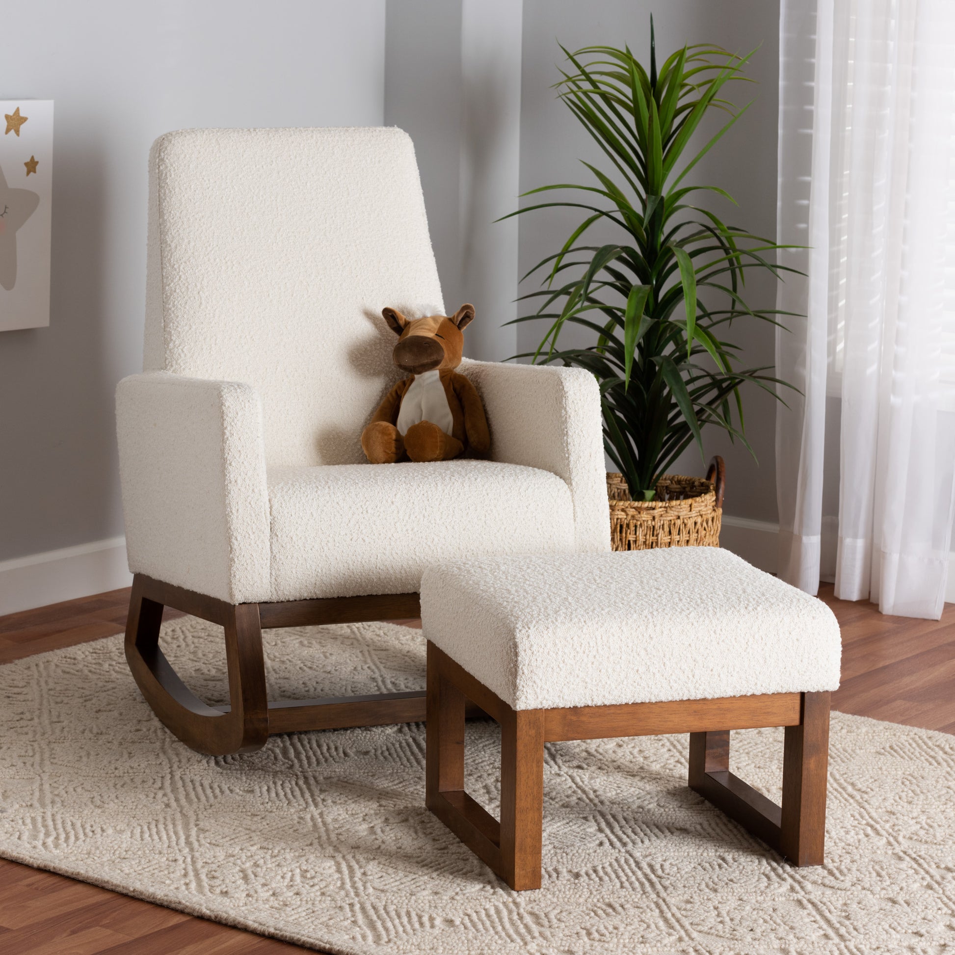 Baxton Studio Yashiya Mid-Century Modern Off-White Boucle Upholstered and Walnut Brown Finished Wood 2-Piece Rocking Chair and Ottoman Set | Rocking Chairs | Modishstore