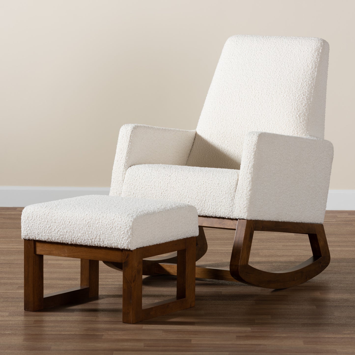 Baxton Studio Yashiya Mid-Century Modern Off-White Boucle Upholstered and Walnut Brown Finished Wood 2-Piece Rocking Chair and Ottoman Set | Rocking Chairs | Modishstore - 2