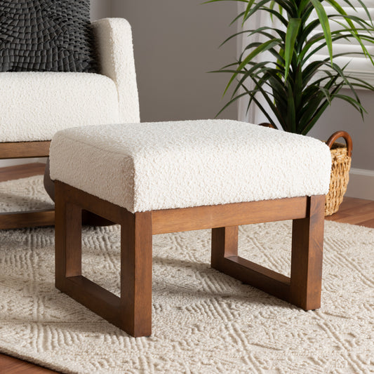 Baxton Studio Yashiya Mid-Century Modern Off-White Boucle Upholstered and Walnut Brown Finished Wood Ottoman Footstool | Ottomans | Modishstore