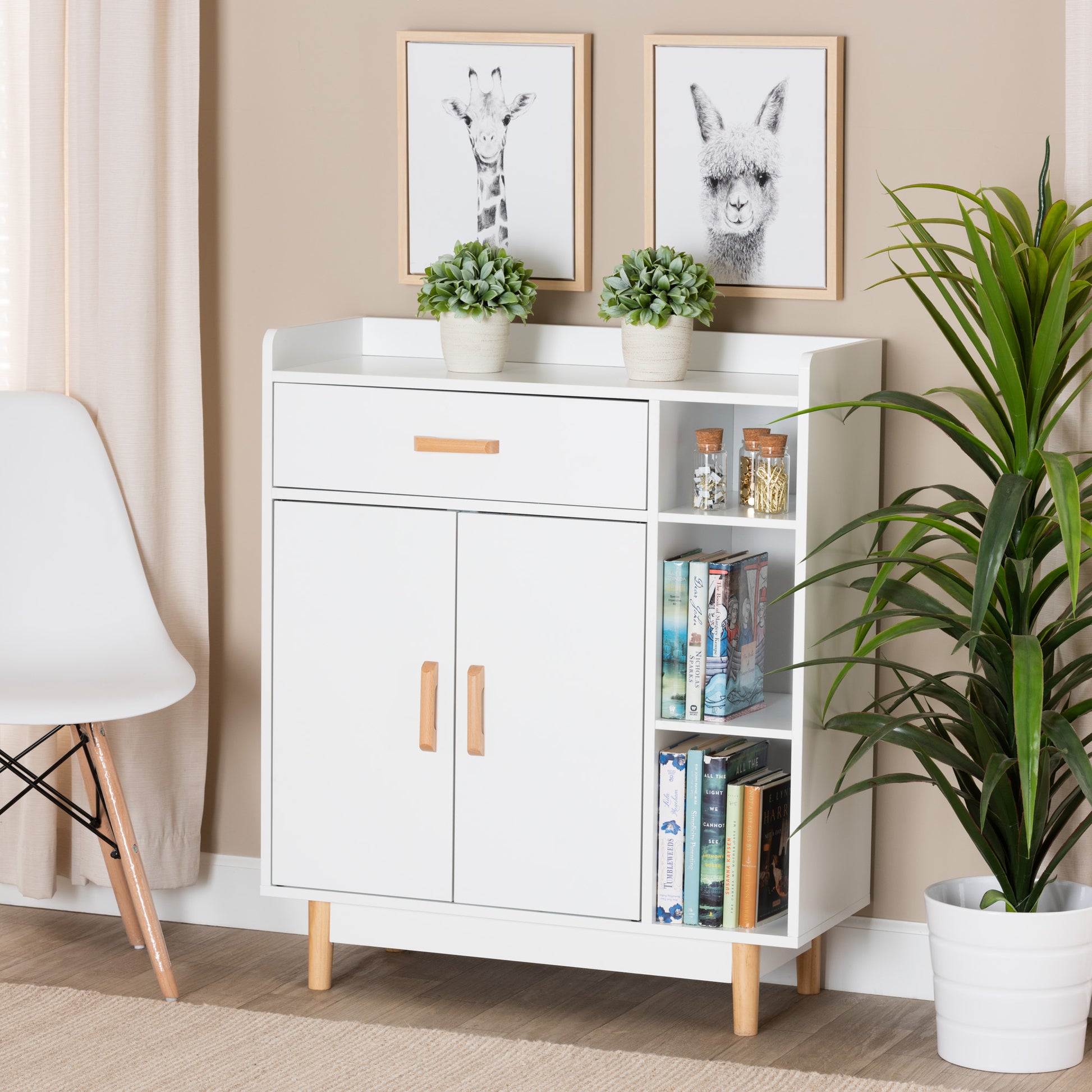 Baxton Studio Russell Mid-Century Modern Two-Tone White and Oak Brown Finished Wood 2-Door Sideboard | Sideboards | Modishstore