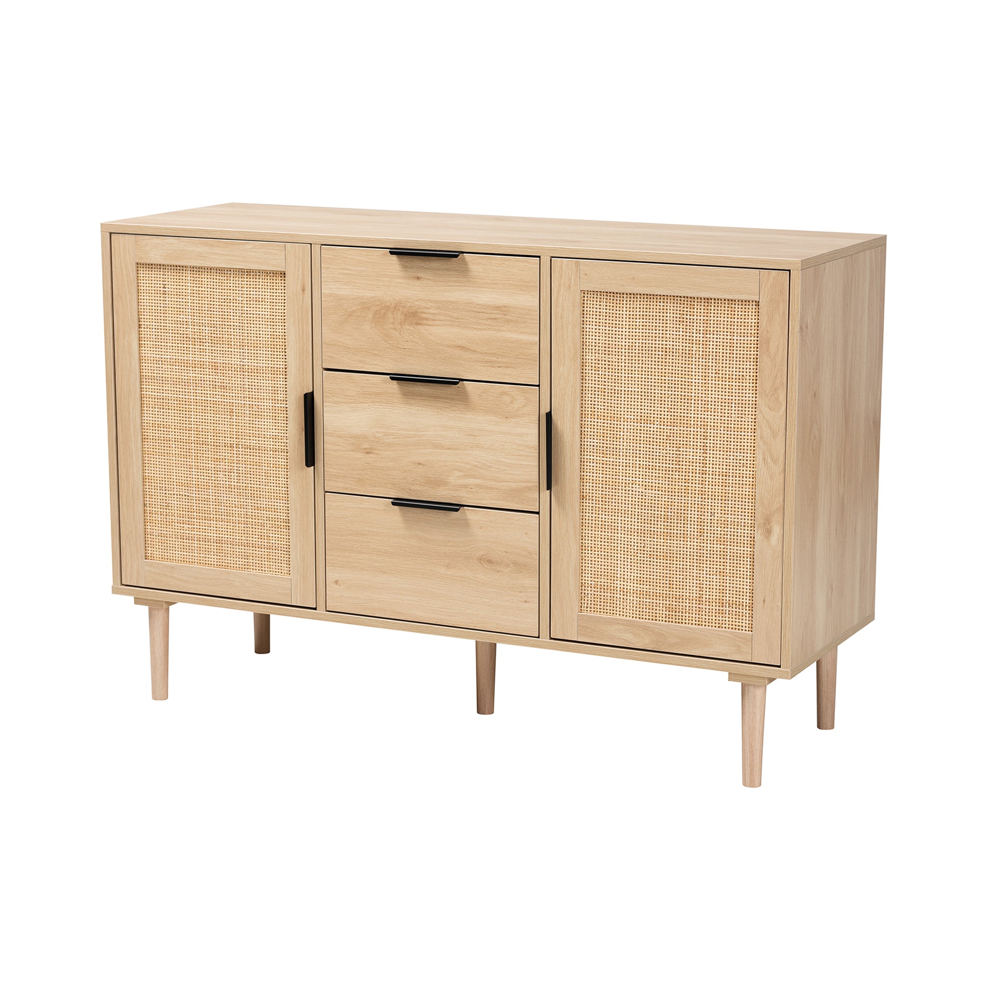 Baxton Studio Harrison Mid-Century Modern Natural Brown Finished Wood and Natural Rattan 3-Drawer Sideboard | Sideboards | Modishstore - 2