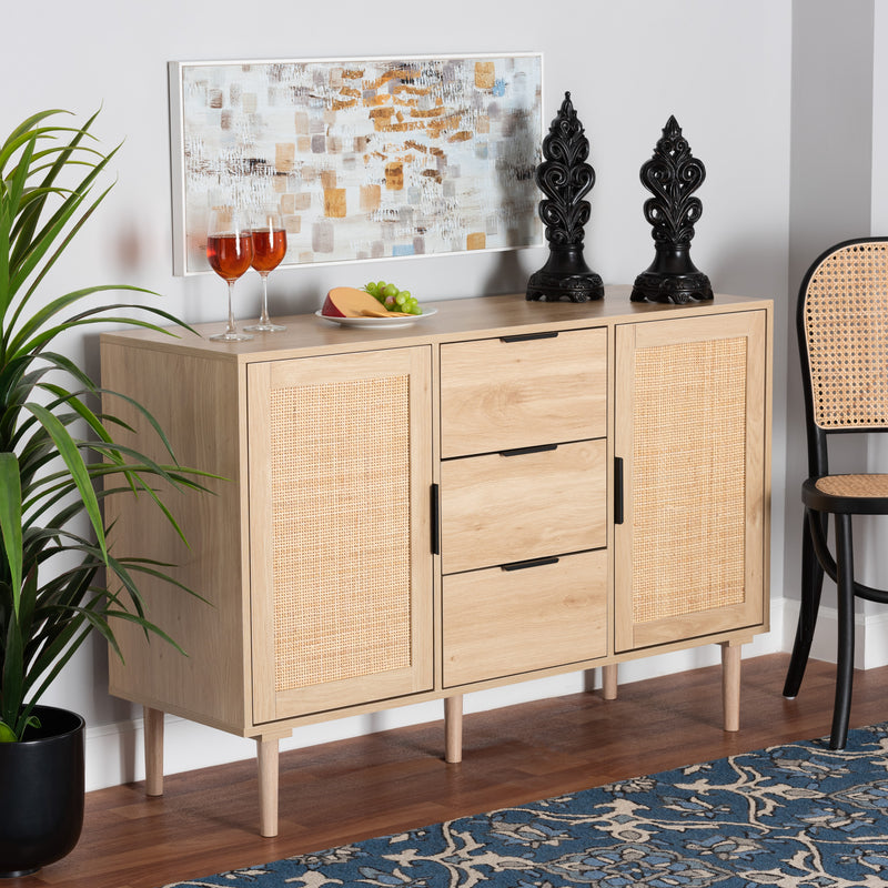 Baxton Studio Harrison Mid-Century Modern Natural Brown Finished Wood and Natural Rattan 3-Drawer Sideboard | Sideboards | Modishstore