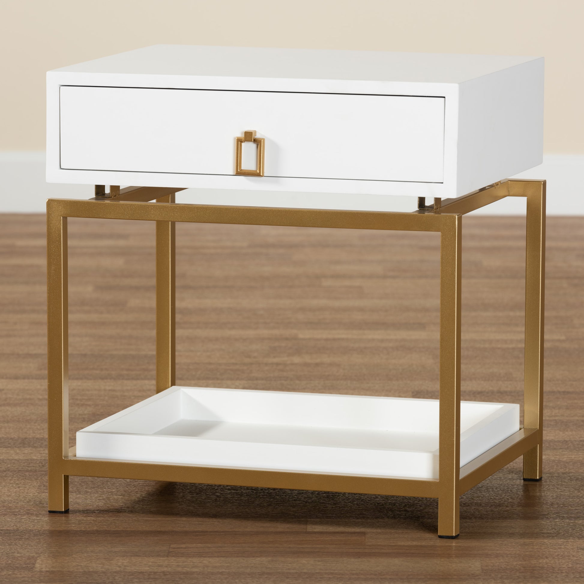 Baxton Studio Melosa Modern Glam and Luxe White Finished Wood and Gold Metal 1-Drawer End Table | Cabinets | Modishstore - 2