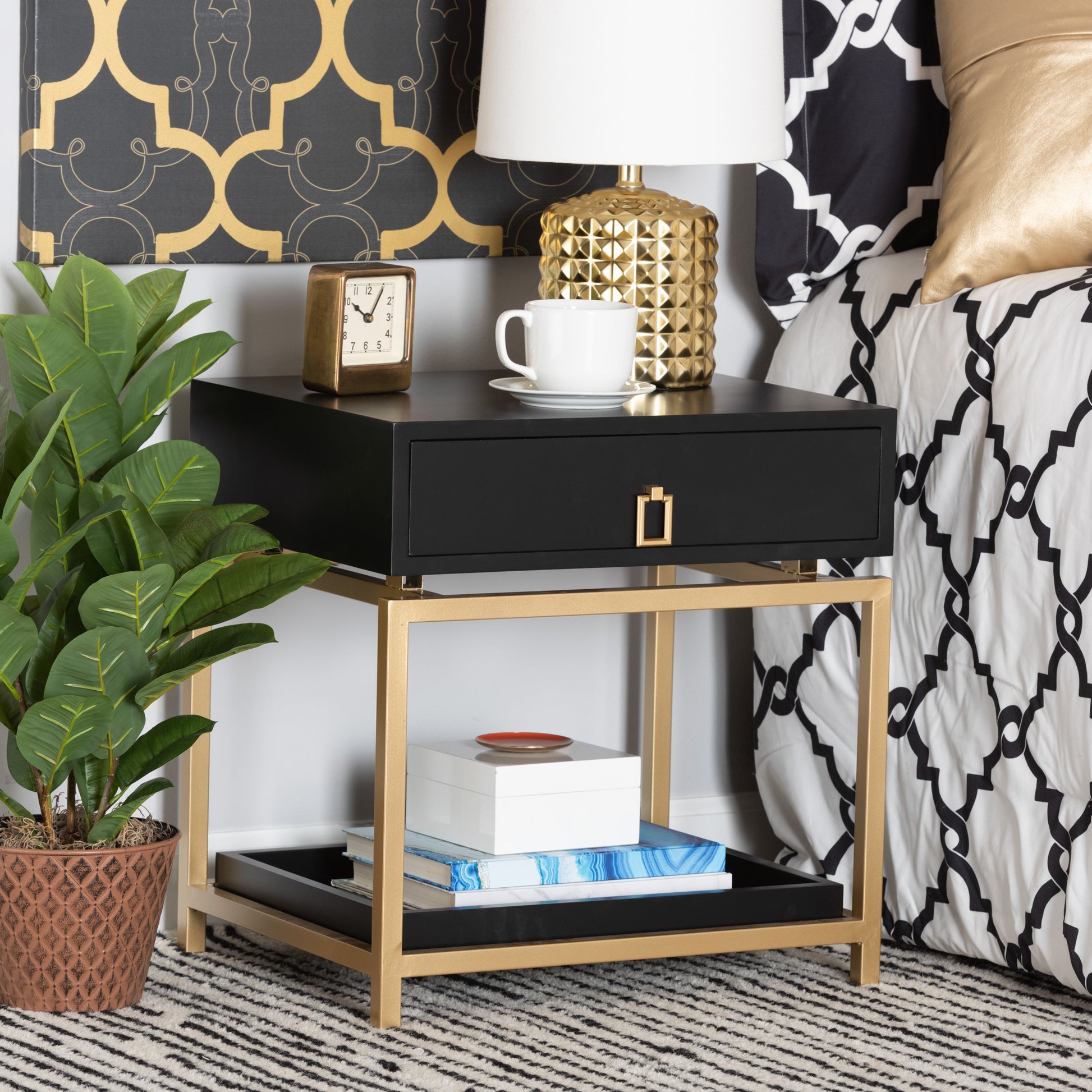 Baxton Studio Melosa Modern Glam and Luxe Black Finished Wood and Gold Metal 1-Drawer End Table | Cabinets | Modishstore