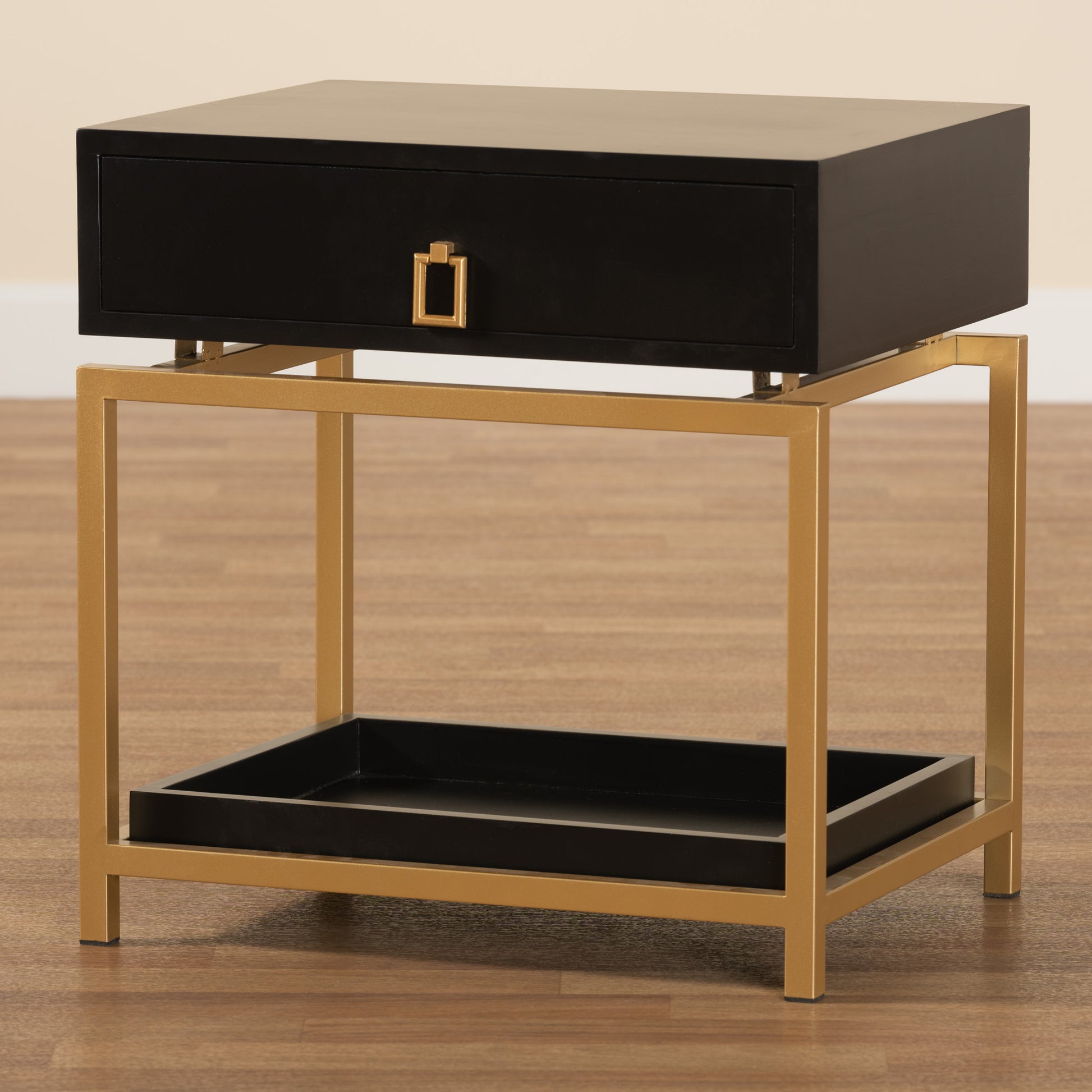 Baxton Studio Melosa Modern Glam and Luxe Black Finished Wood and Gold Metal 1-Drawer End Table | Cabinets | Modishstore - 2