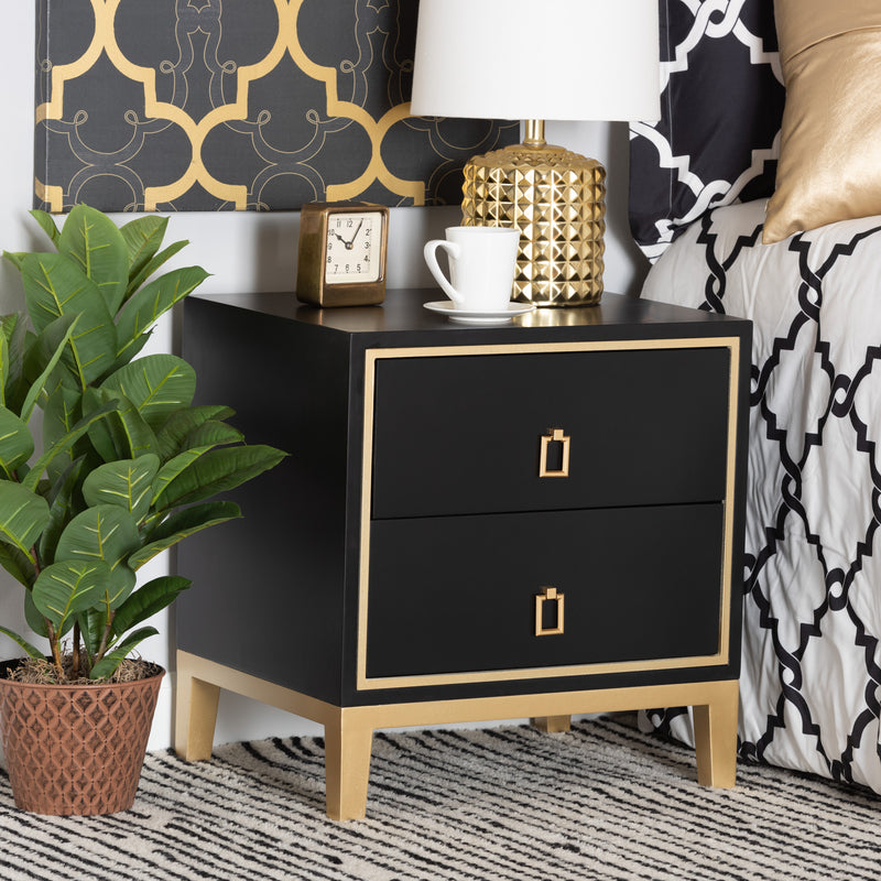 Baxton Studio Donald Modern Glam and Luxe Black Finished Wood and Gold Metal 2-Drawer End Table | End Tables | Modishstore