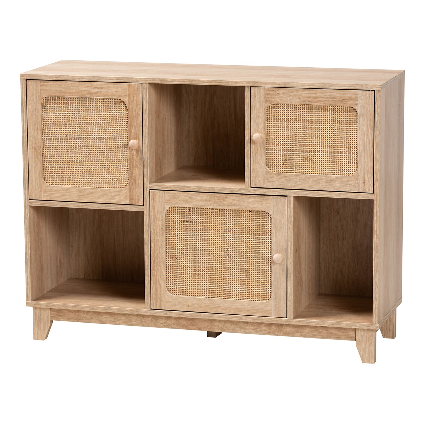 Baxton Studio Elsbeth Mid-Century Modern Light Brown Finished Wood and Natural Rattan 3-Door Sideboard | Sideboards | Modishstore - 2