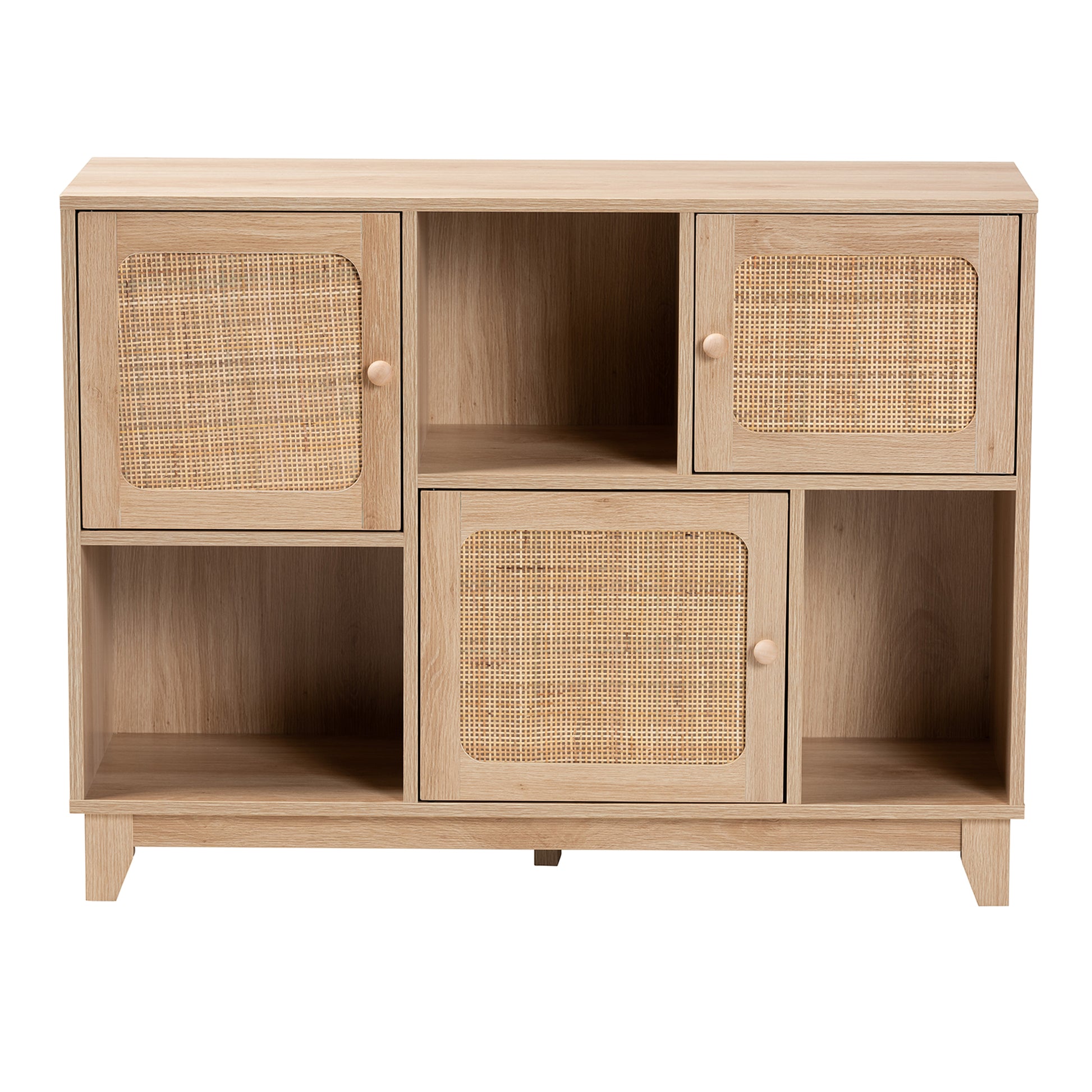 Baxton Studio Elsbeth Mid-Century Modern Light Brown Finished Wood and Natural Rattan 3-Door Sideboard | Sideboards | Modishstore - 4