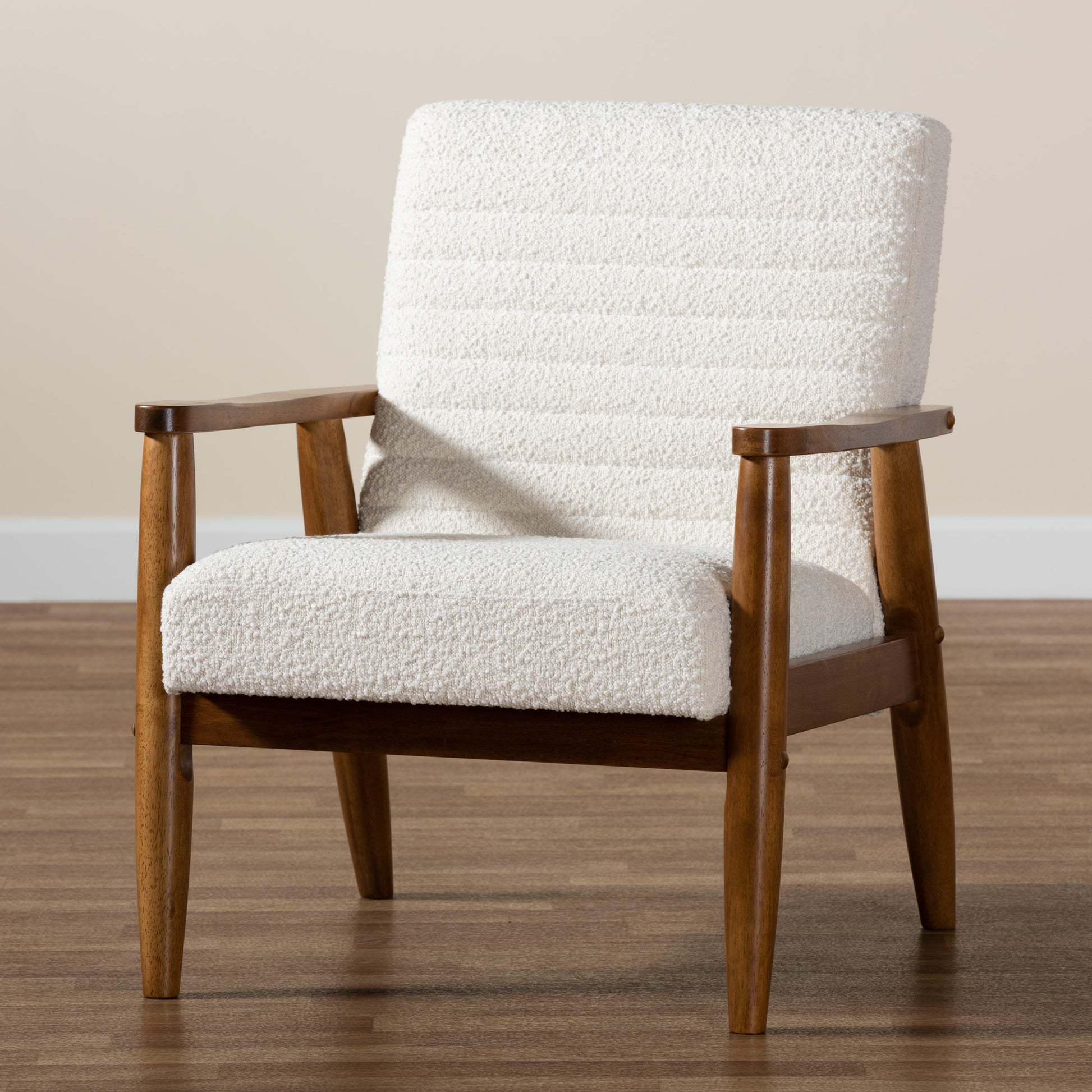 Baxton Studio Stratton Mid-Century Modern Cream Boucle Fabric and Walnut Brown Finished Wood Armchair | Accent Chairs | Modishstore - 9