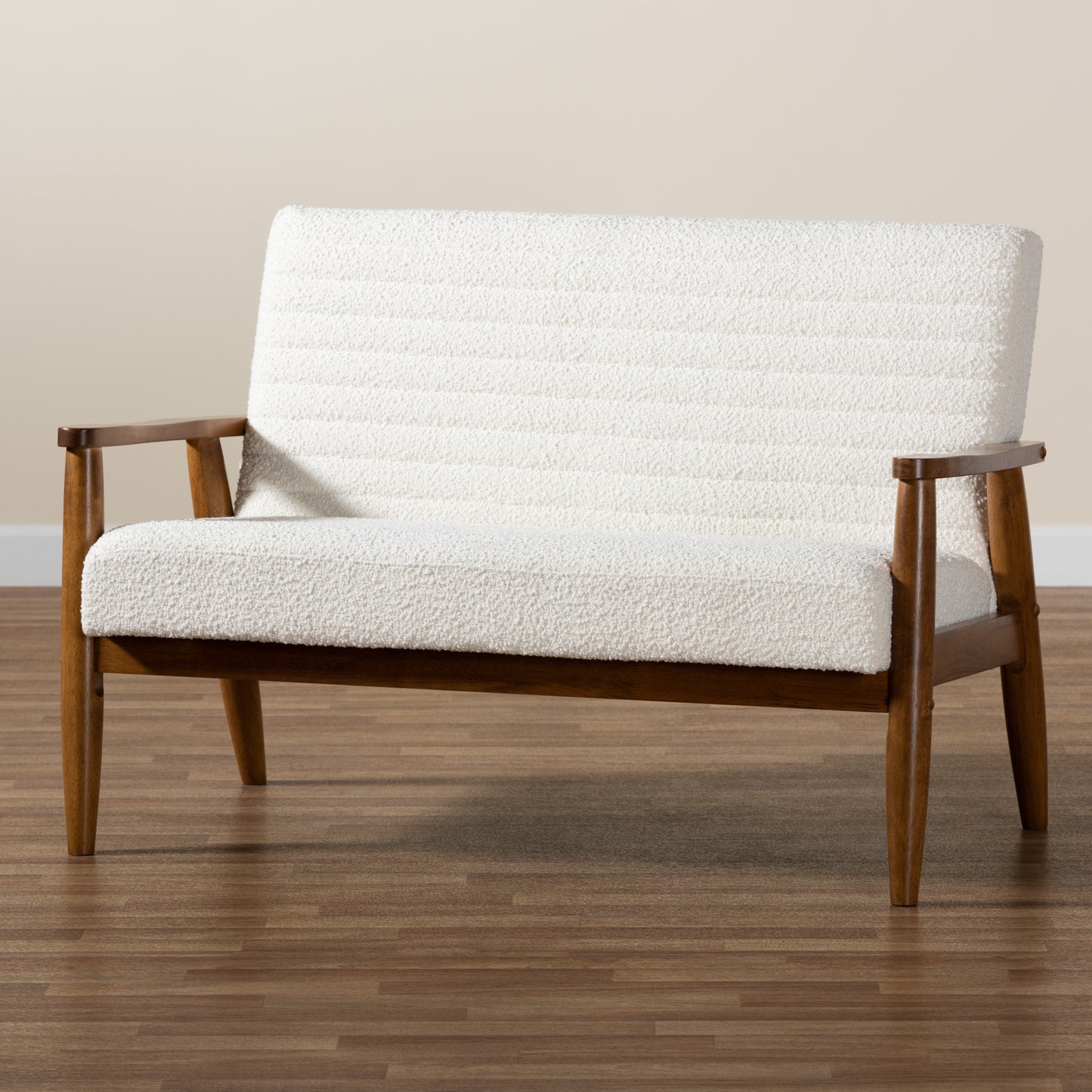 Baxton Studio Stratton Mid-Century Modern Cream Boucle Fabric and Walnut Brown Finished Wood Loveseat | Loveseats | Modishstore - 9