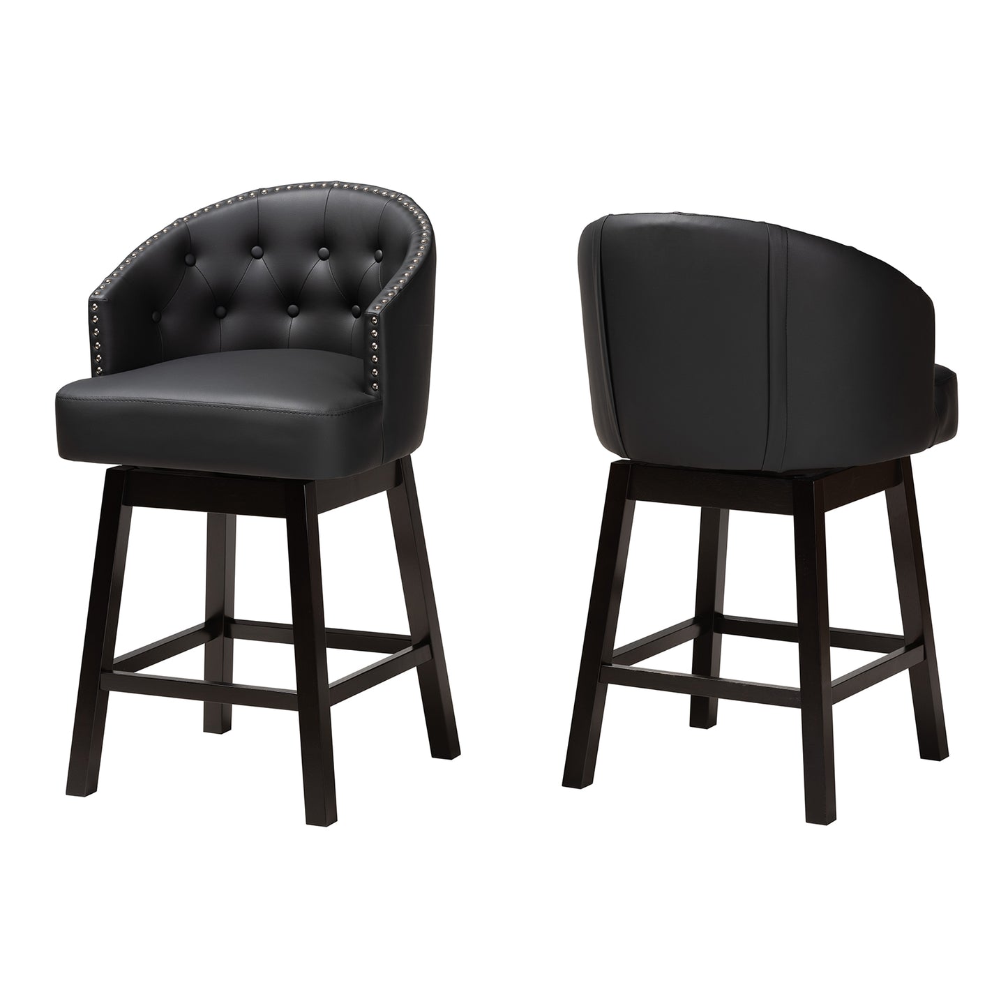 Baxton Studio Theron Mid-Century Transitional Black Faux Leather and Espresso Brown Finished Wood 2-Piece Swivel Counter Stool Set | Counter Stools | Modishstore - 4