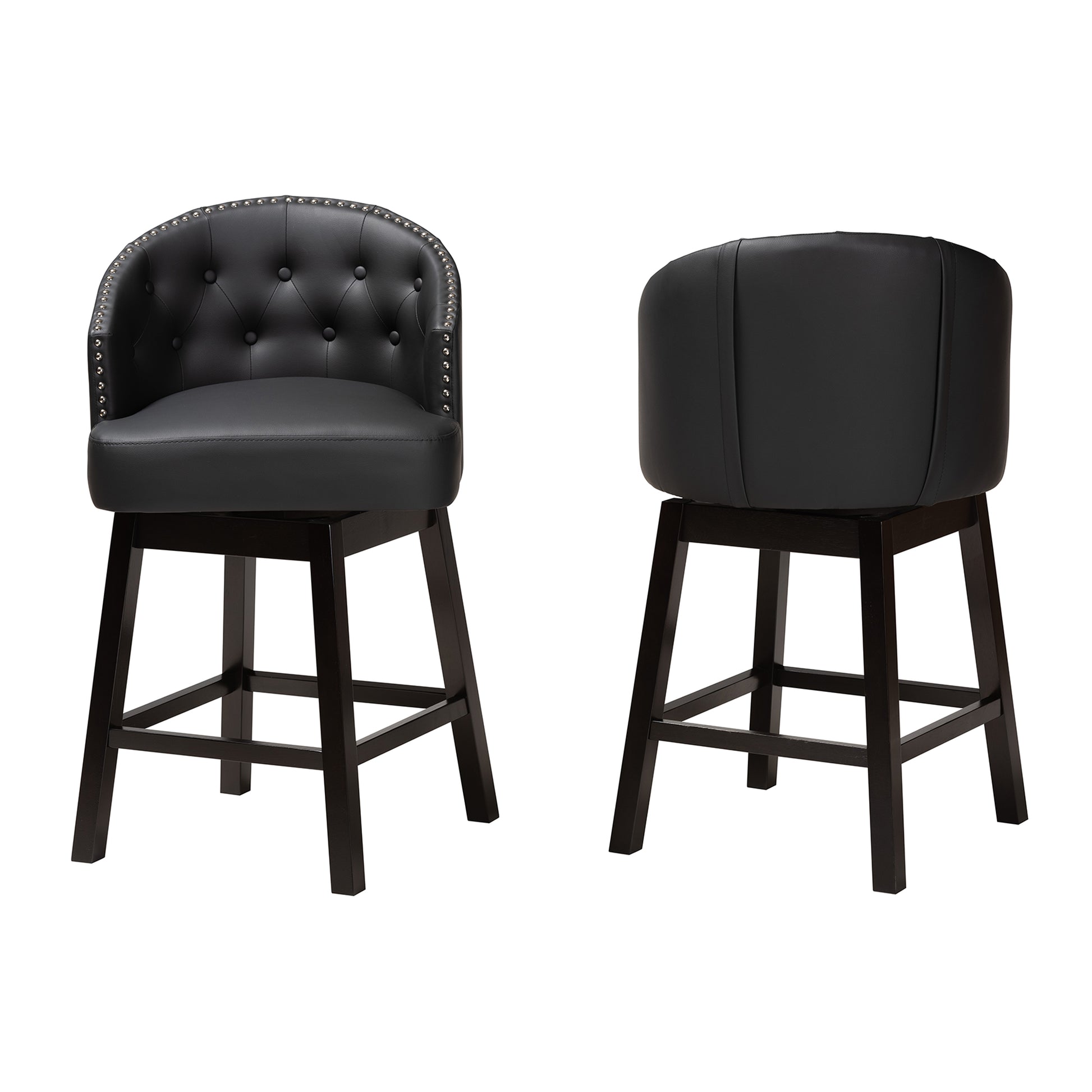 Baxton Studio Theron Mid-Century Transitional Black Faux Leather and Espresso Brown Finished Wood 2-Piece Swivel Counter Stool Set | Counter Stools | Modishstore - 5