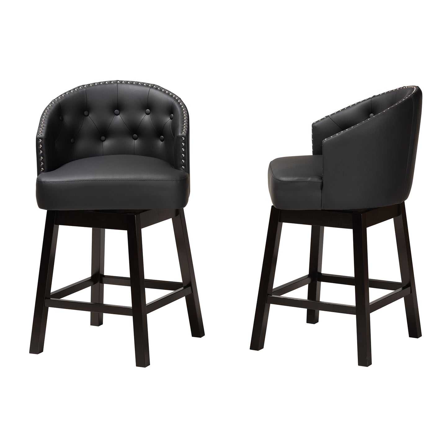 Baxton Studio Theron Mid-Century Transitional Black Faux Leather and Espresso Brown Finished Wood 2-Piece Swivel Counter Stool Set | Counter Stools | Modishstore - 6