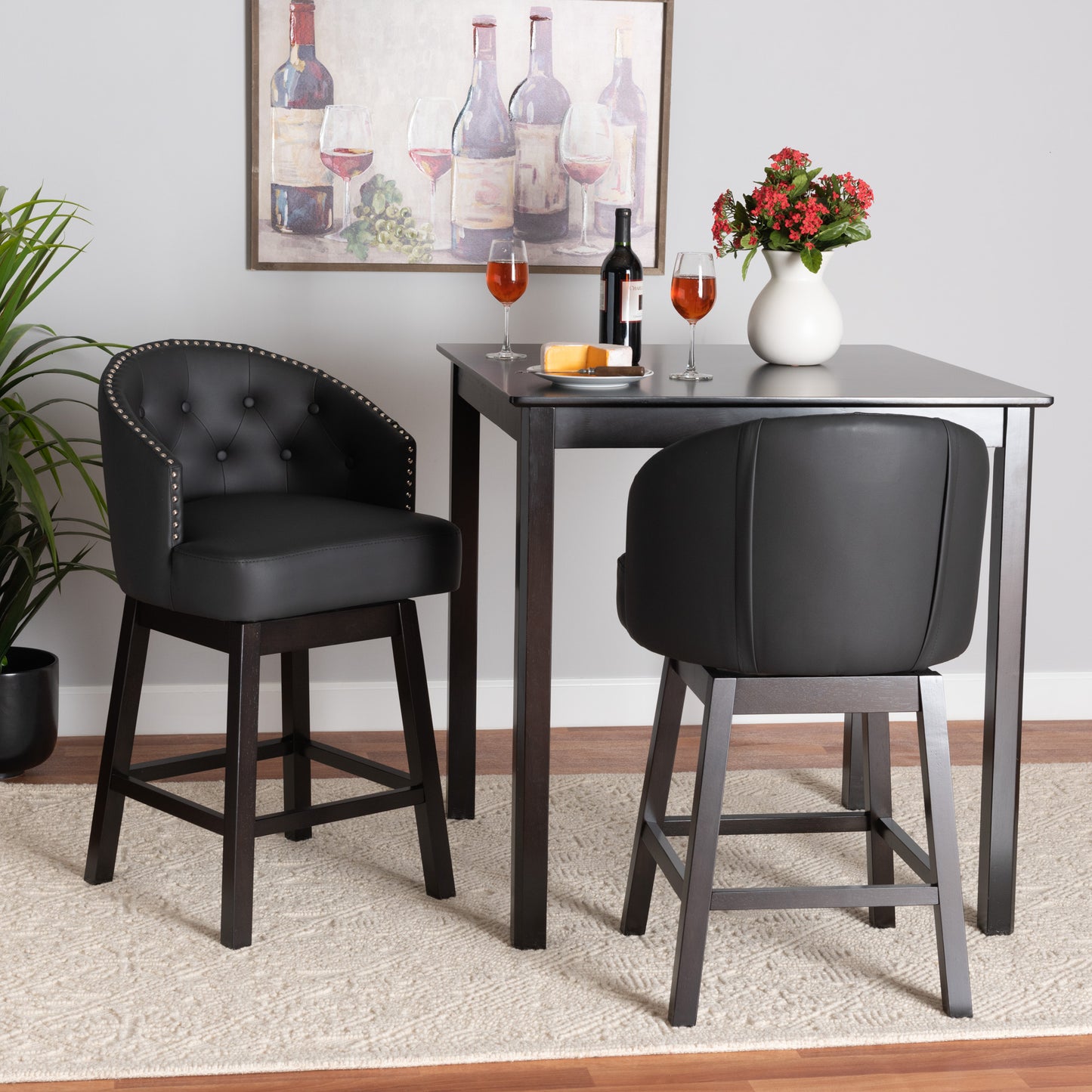 Baxton Studio Theron Mid-Century Transitional Black Faux Leather and Espresso Brown Finished Wood 2-Piece Swivel Counter Stool Set | Counter Stools | Modishstore