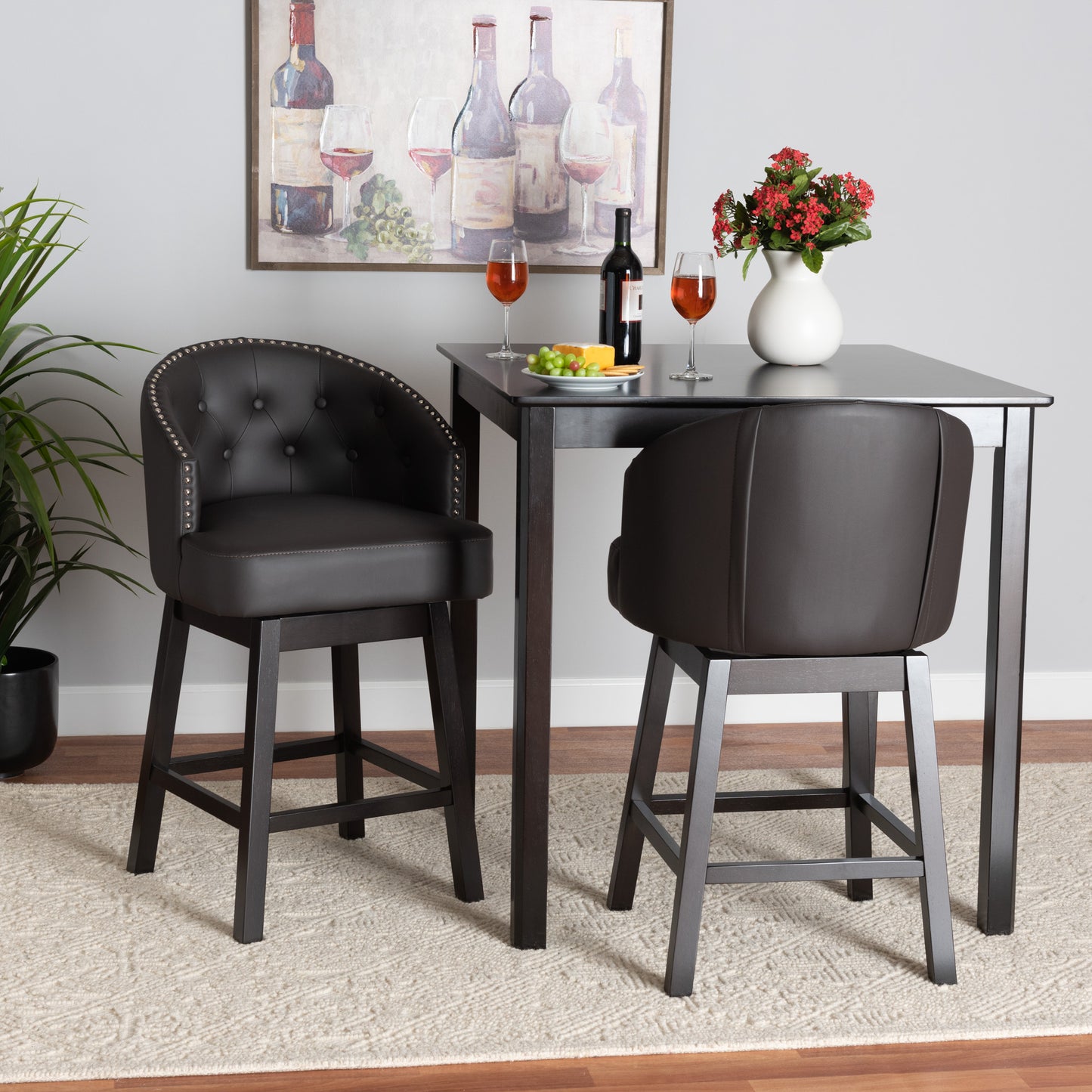 Baxton Studio Theron Mid-Century Transitional Dark Brown Faux Leather and Espresso Brown Finished Wood 2-Piece Swivel Counter Stool Set | Counter Stools | Modishstore