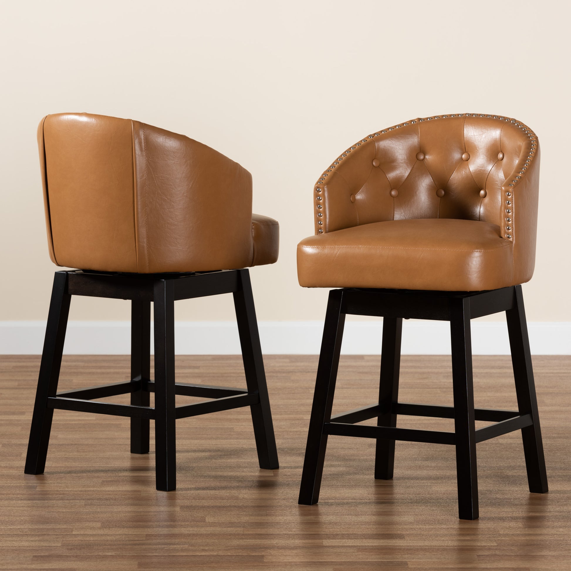 Baxton Studio Theron Mid-Century Transitional Dark Brown Faux Leather and Espresso Brown Finished Wood 2-Piece Swivel Counter Stool Set | Counter Stools | Modishstore - 45