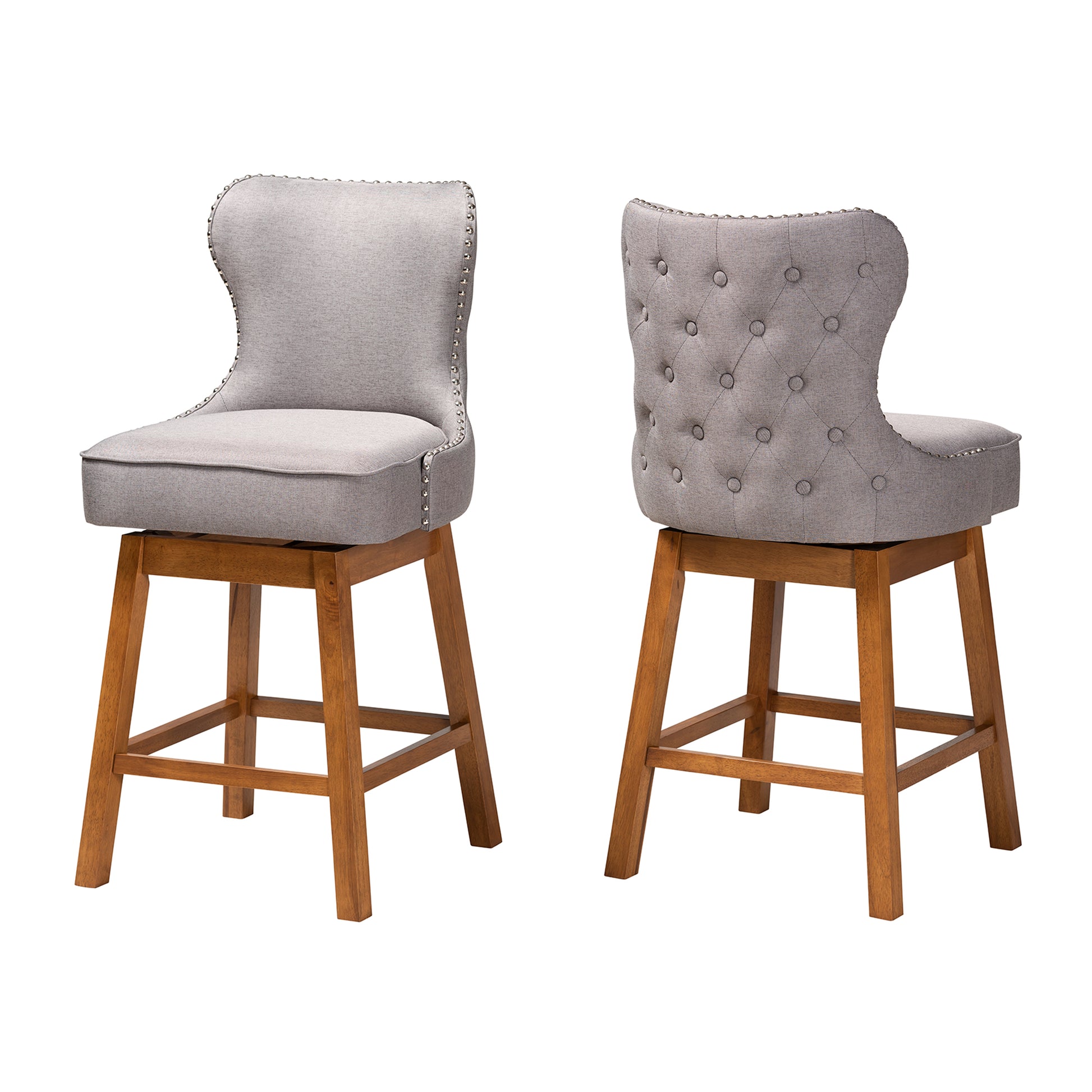 Baxton Studio Gradisca Modern Grey Fabric and Walnut Brown Finished Wood 2-Piece Swivel Counter Stool Set | Counter Stools | Modishstore - 2