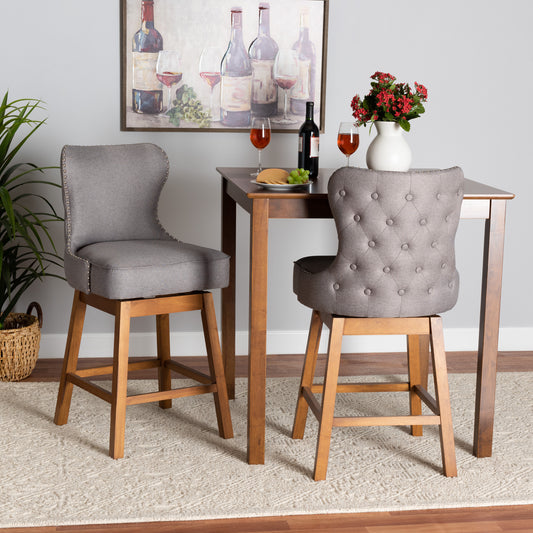 Baxton Studio Gradisca Modern Grey Fabric and Walnut Brown Finished Wood 2-Piece Swivel Counter Stool Set | Counter Stools | Modishstore