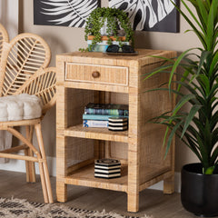 Baxton Studio bali & pari Bella Modern Bohemian Natural Brown Mahogany Wood and Natural Rattan 1-Drawer Nightstand