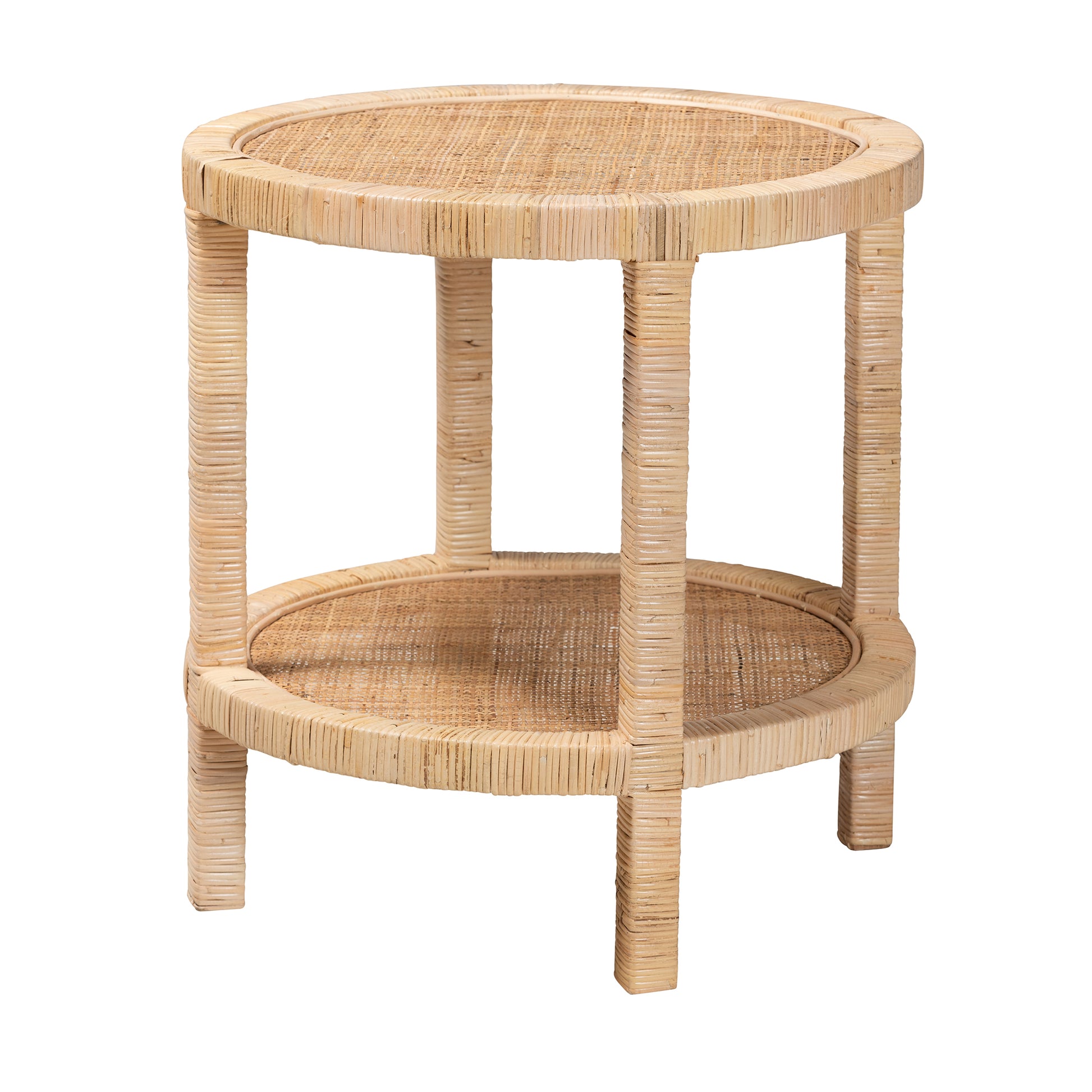 Baxton Studio bali & pari Bella Modern Bohemian Natural Brown Mahogany Wood and Natural Rattan 2-Tier End Table | End Tables | Modishstore - 2