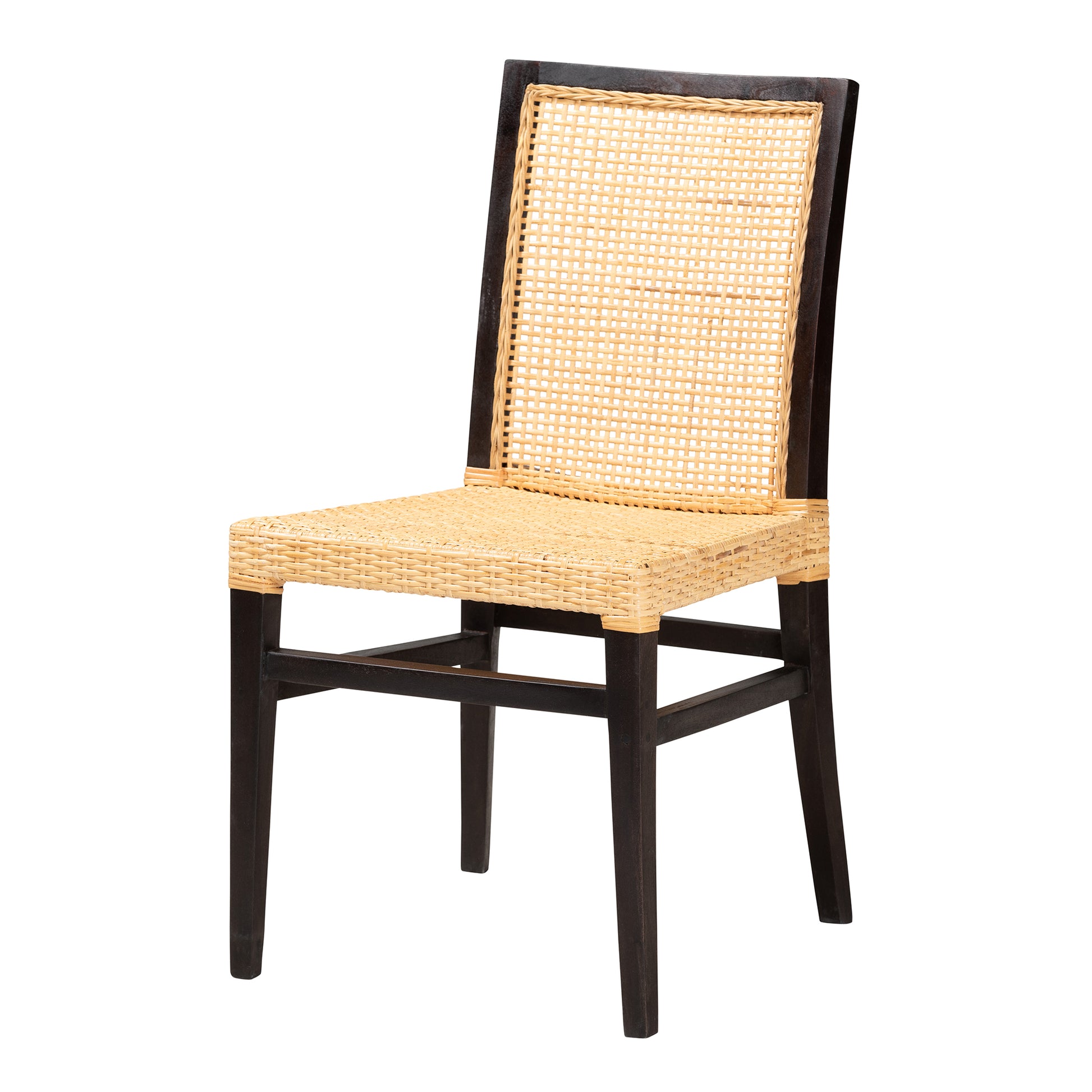 Baxton Studio bali & pari Lingga Modern Bohemian Dark Brown Mahogany Wood and Natural Rattan Dining Chair | Dining Chairs | Modishstore - 4