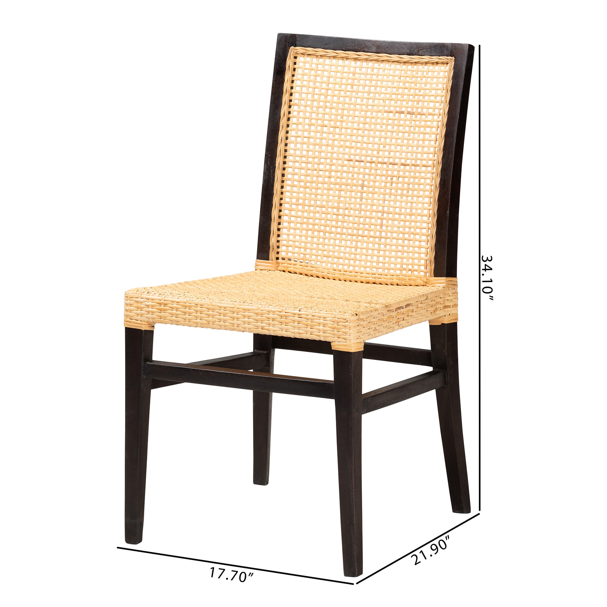 Baxton Studio bali & pari Lingga Modern Bohemian Dark Brown Mahogany Wood and Natural Rattan Dining Chair | Dining Chairs | Modishstore - 3