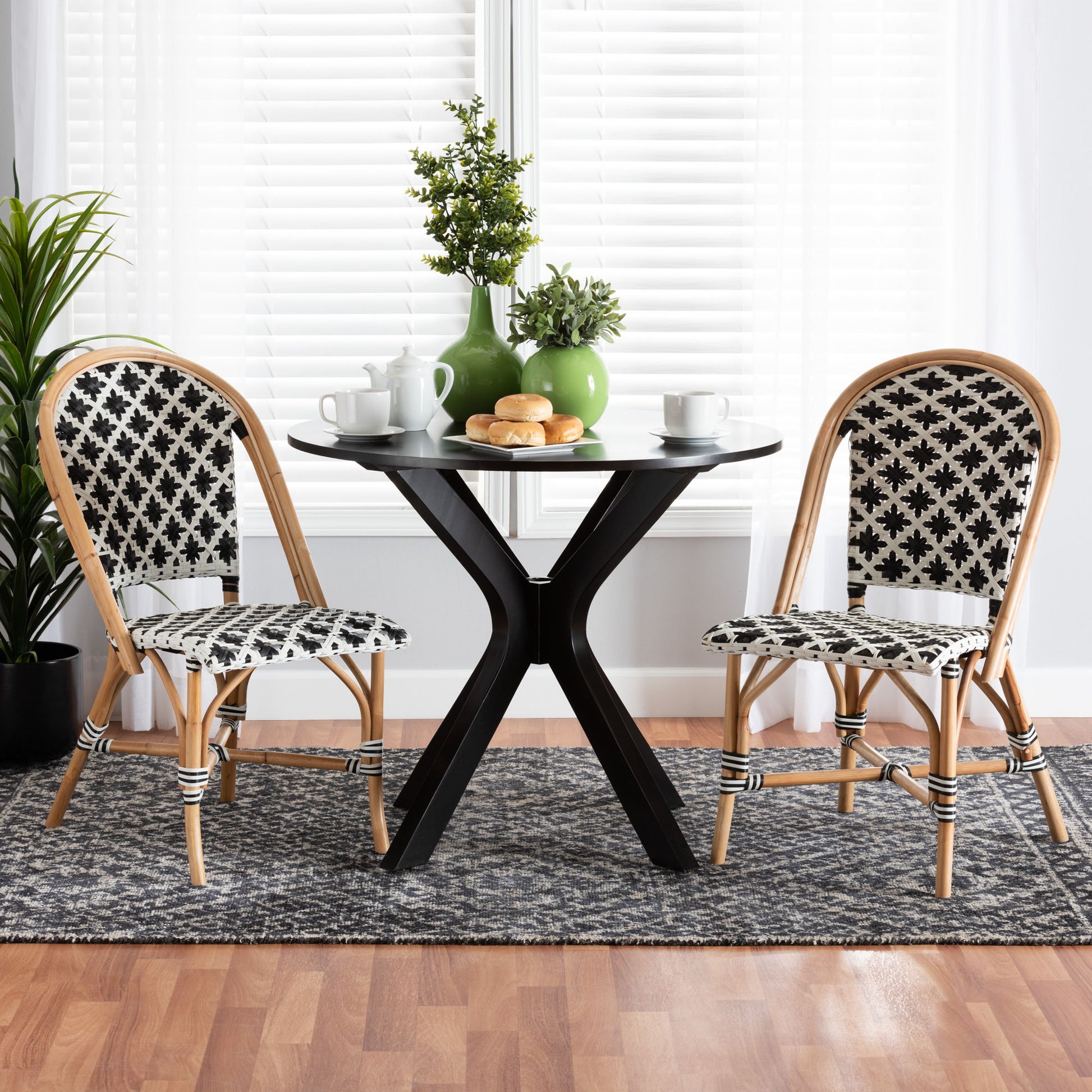 Baxton Studio bali & pari Ambre Modern French Black and White Weaving Natural Rattan 2-Piece Bistro Chair Set | Dining Chairs | Modishstore