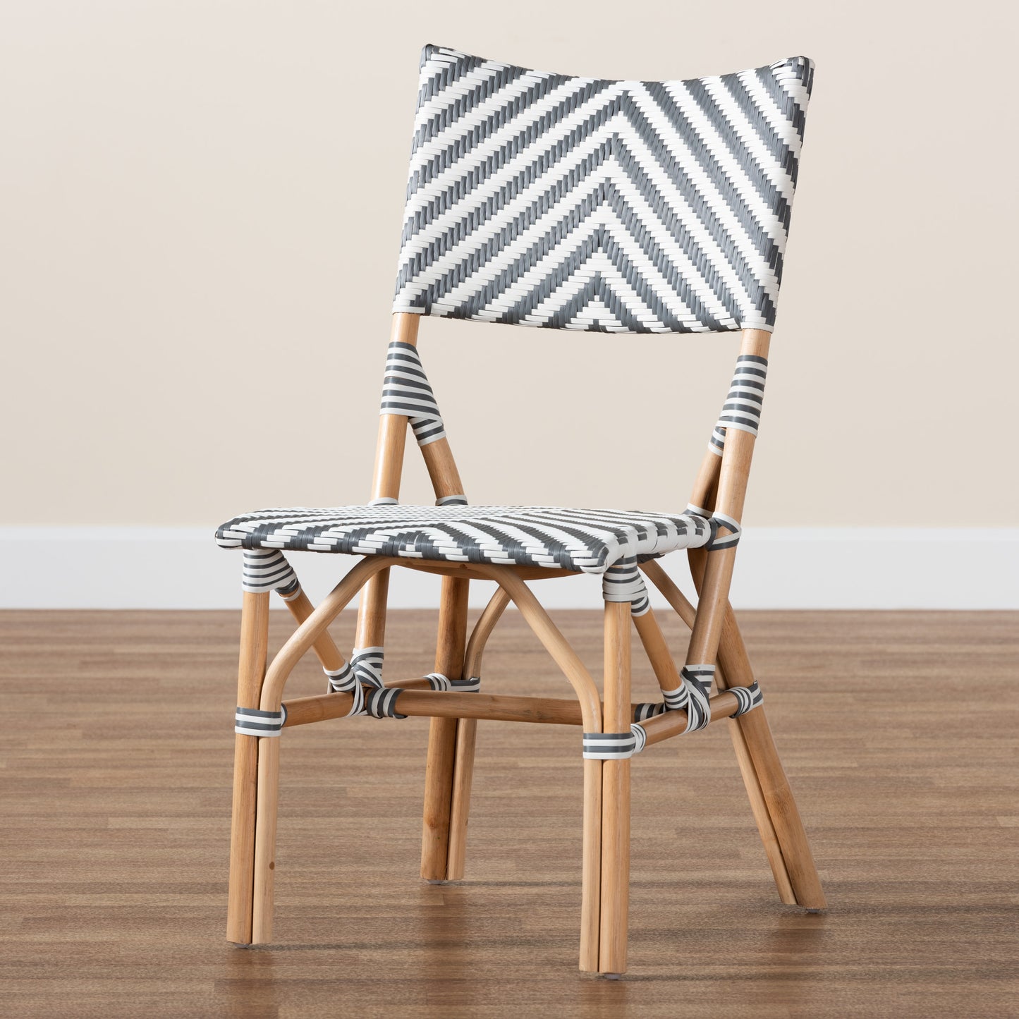 Baxton Studio bali & pari Shai Modern French Grey and White Weaving and Natural Rattan Bistro Chair | Dining Chairs | Modishstore - 9