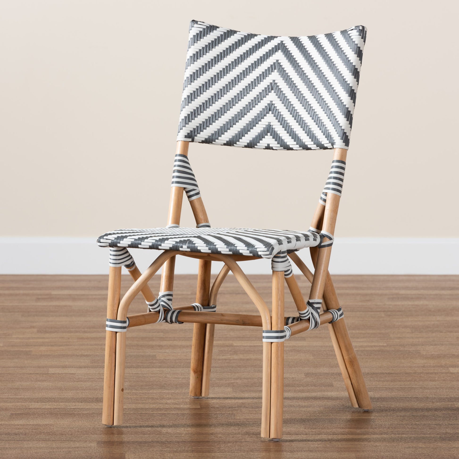 Baxton Studio bali & pari Shai Modern French Grey and White Weaving and Natural Rattan Bistro Chair | Dining Chairs | Modishstore - 9