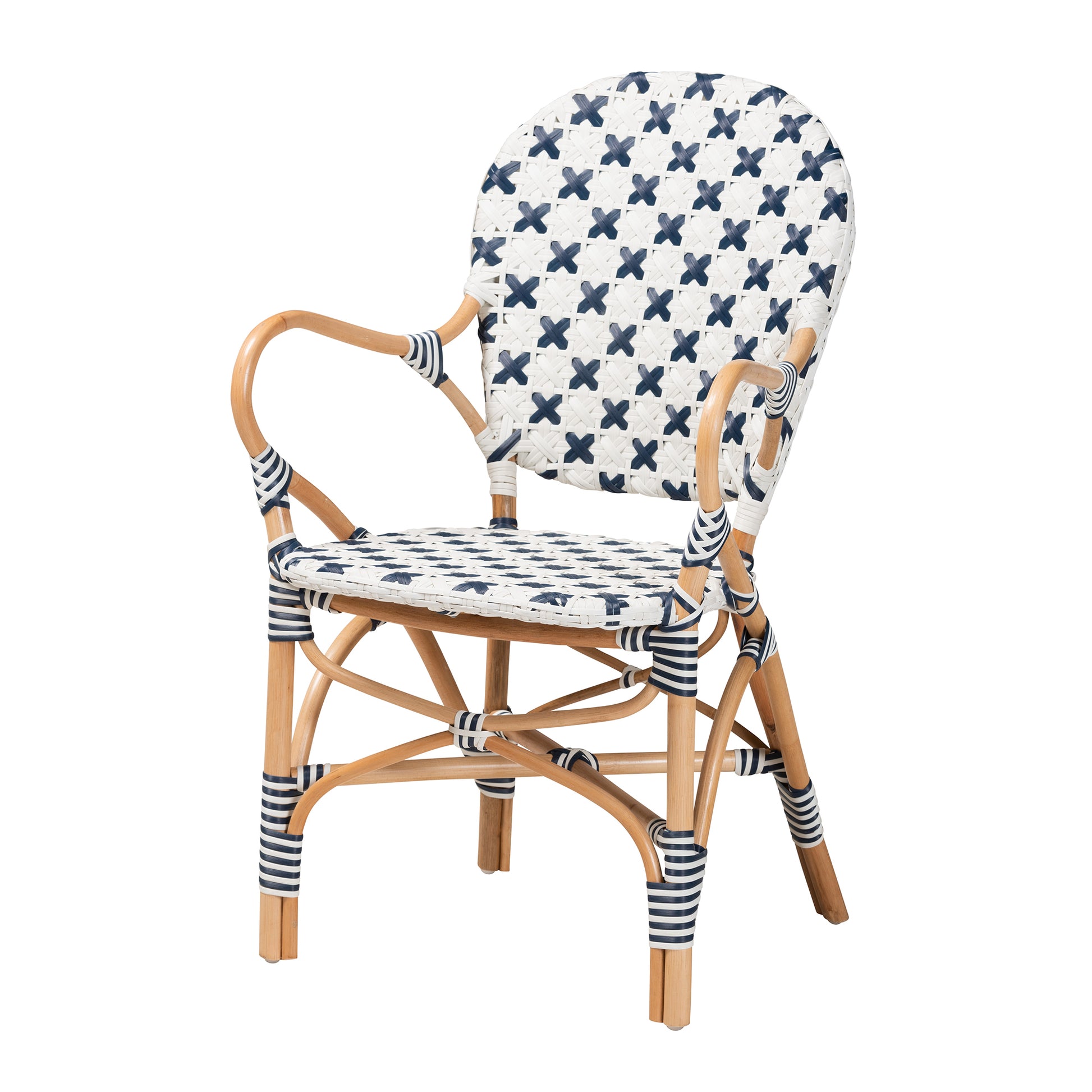 Baxton Studio bali & pari Bryson Modern French Blue and White Weaving and Natural Rattan Bistro Chair | Dining Chairs | Modishstore - 4