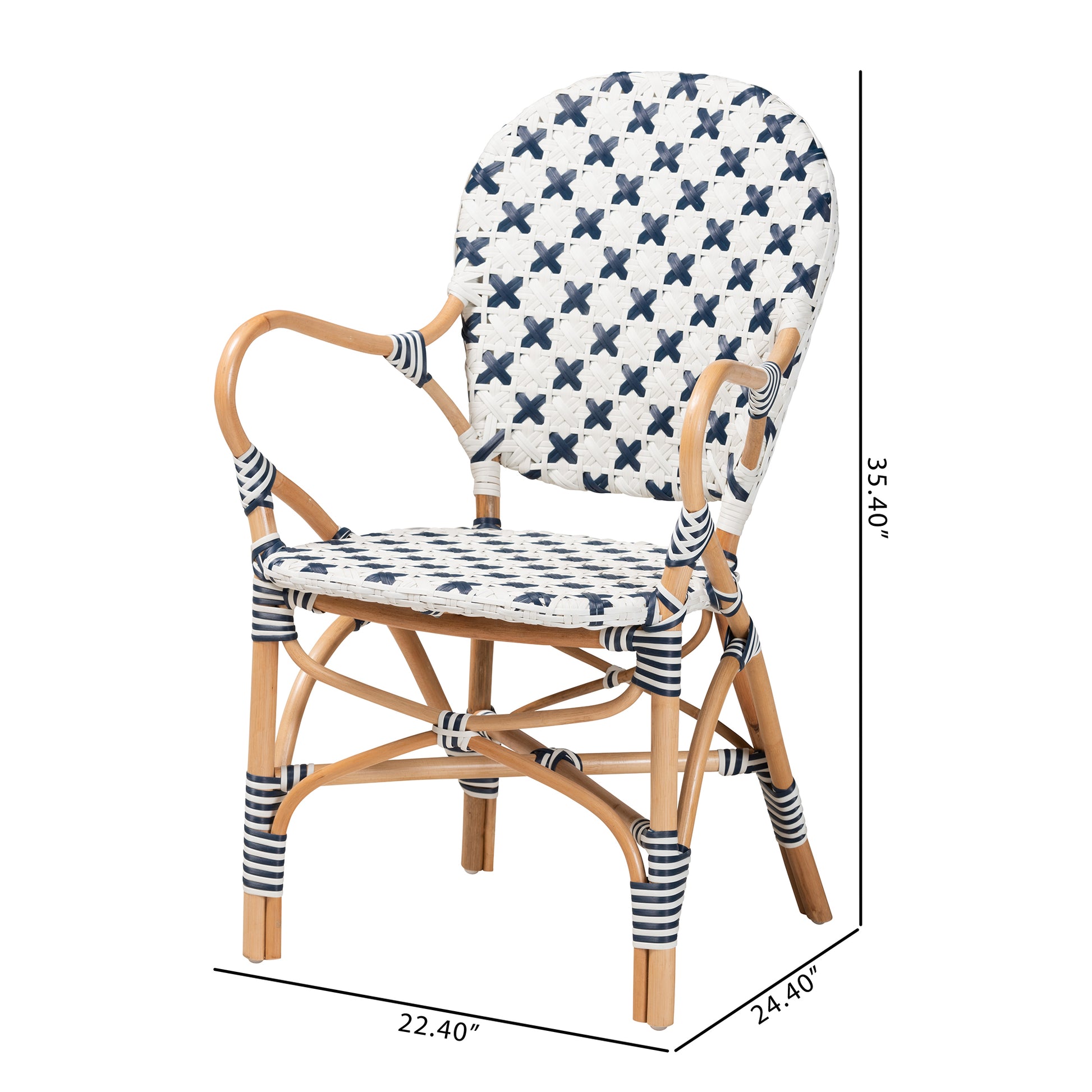 Baxton Studio bali & pari Bryson Modern French Blue and White Weaving and Natural Rattan Bistro Chair | Dining Chairs | Modishstore - 3