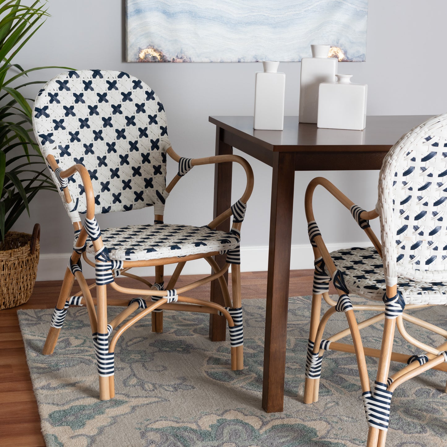 Baxton Studio bali & pari Bryson Modern French Blue and White Weaving and Natural Rattan Bistro Chair | Dining Chairs | Modishstore