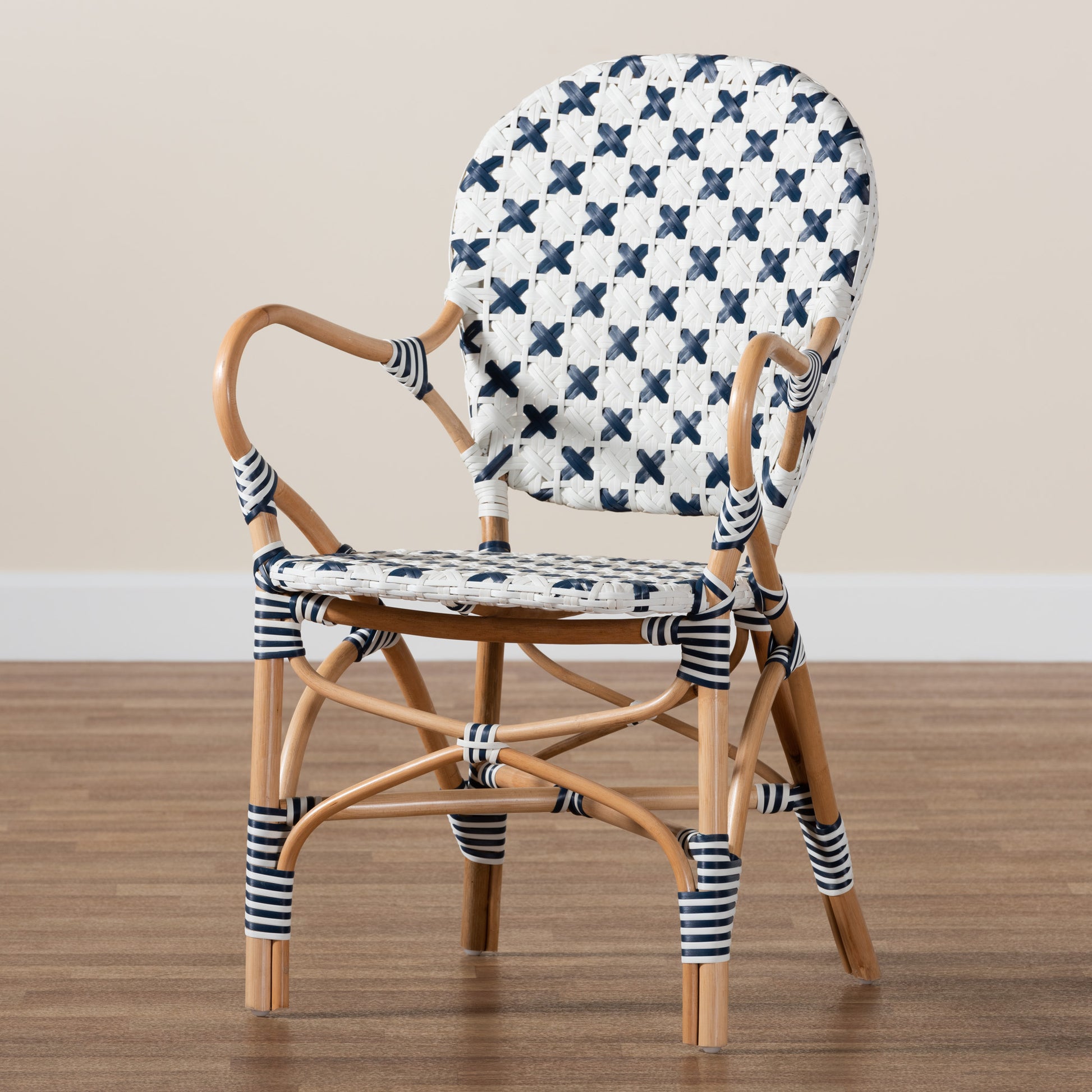 Baxton Studio bali & pari Bryson Modern French Blue and White Weaving and Natural Rattan Bistro Chair | Dining Chairs | Modishstore - 2