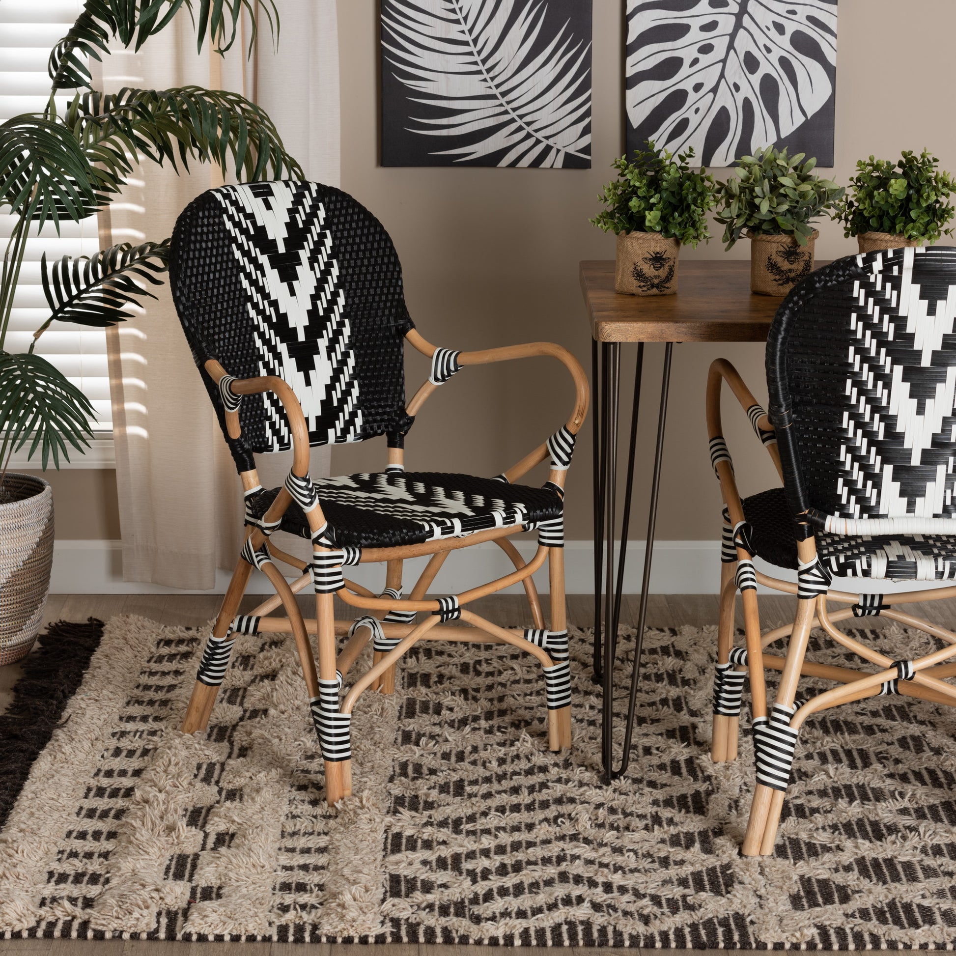 Baxton Studio bali & pari Wallis Modern French Two-Tone Black and White Weaving and Natural Rattan Indoor Dining Chair | Dining Chairs | Modishstore