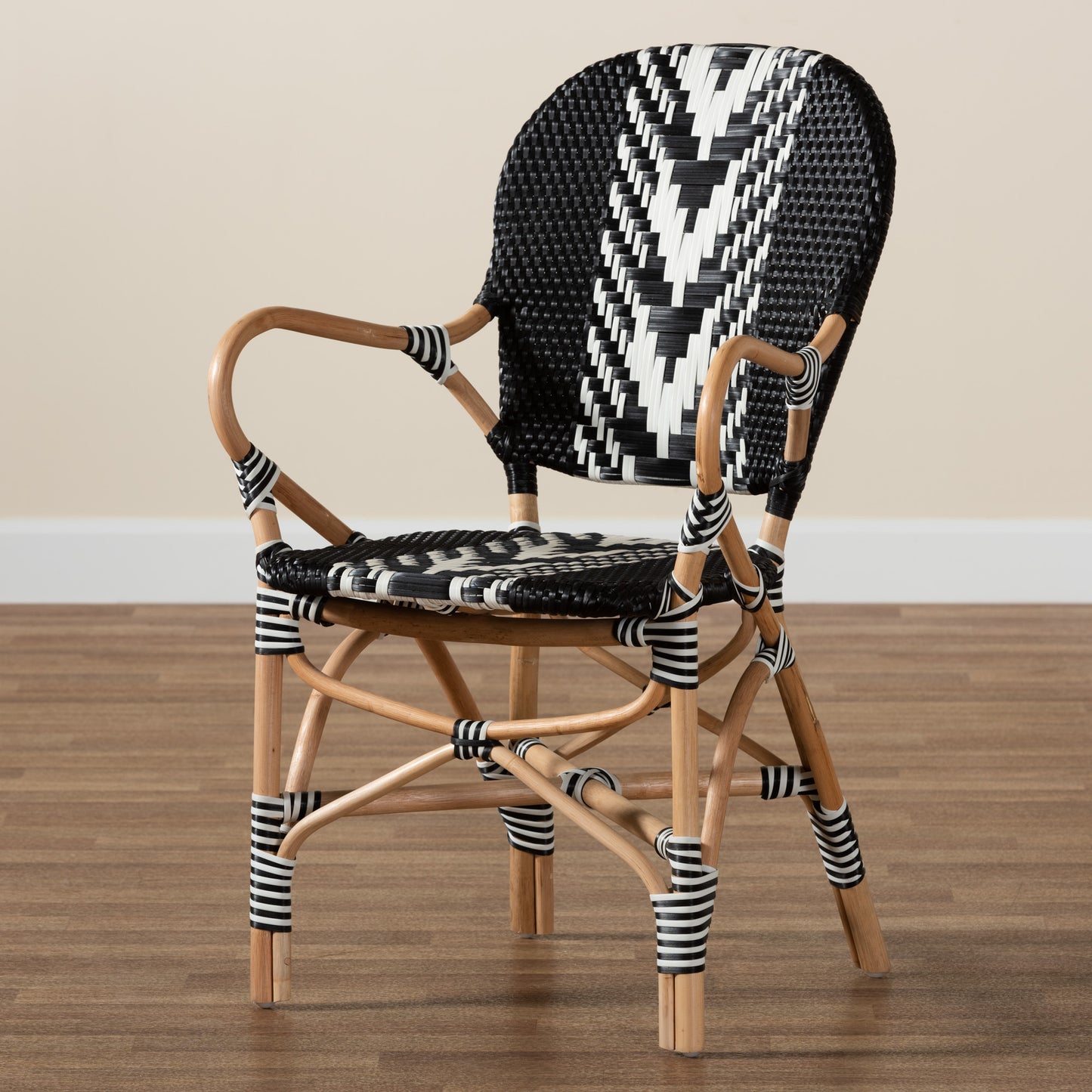 Baxton Studio bali & pari Wallis Modern French Two-Tone Black and White Weaving and Natural Rattan Indoor Dining Chair | Dining Chairs | Modishstore - 2