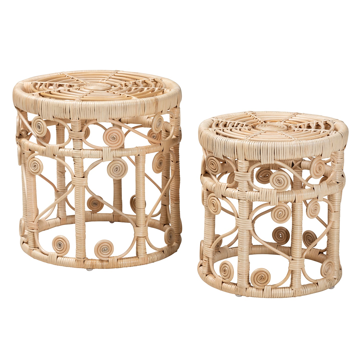 Baxton Studio bali & pari Bowie Modern Bohemian Natural Brown Rattan 2-Piece Nesting End Table Set | End Tables | Modishstore - 3