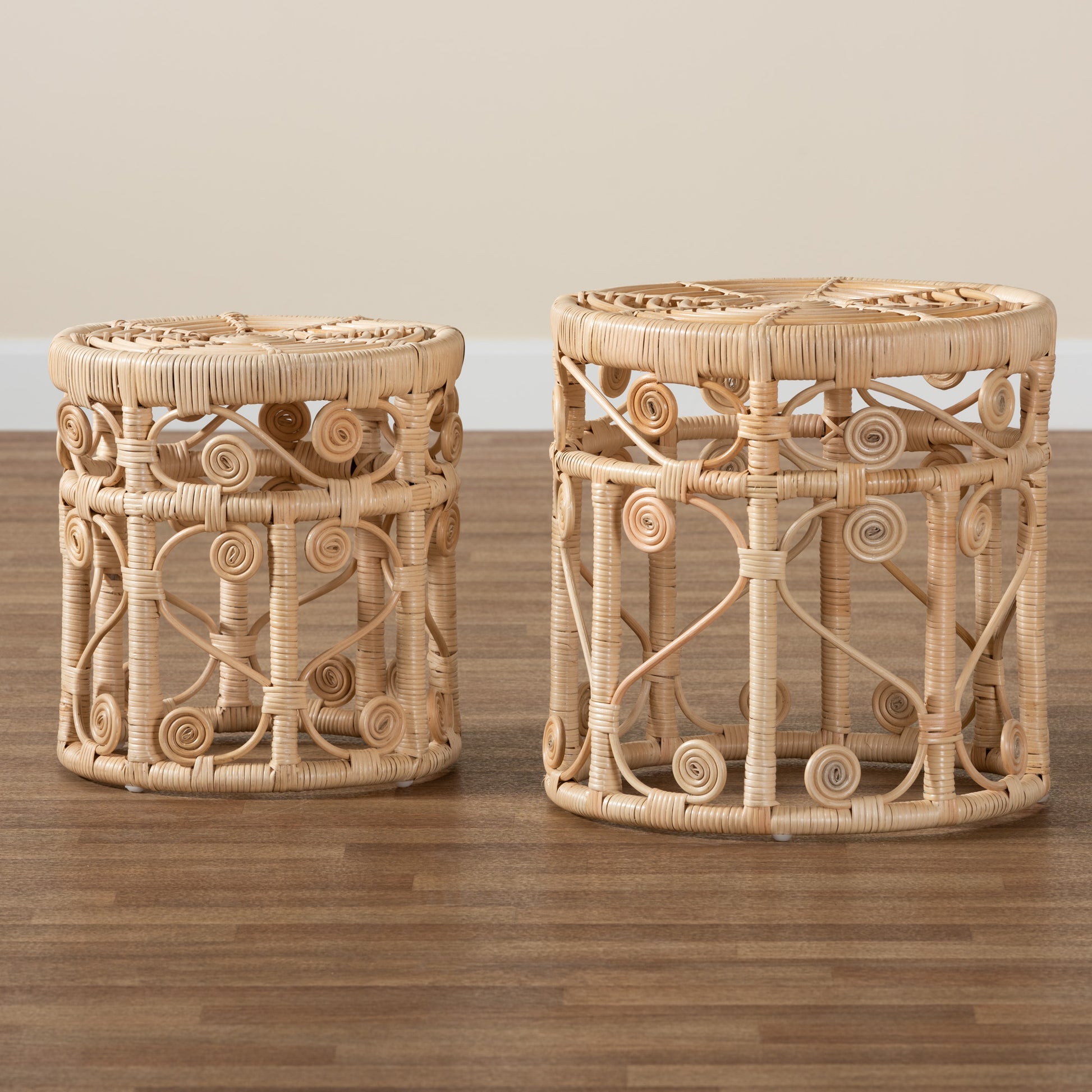 Baxton Studio bali & pari Bowie Modern Bohemian Natural Brown Rattan 2-Piece Nesting End Table Set | End Tables | Modishstore - 8